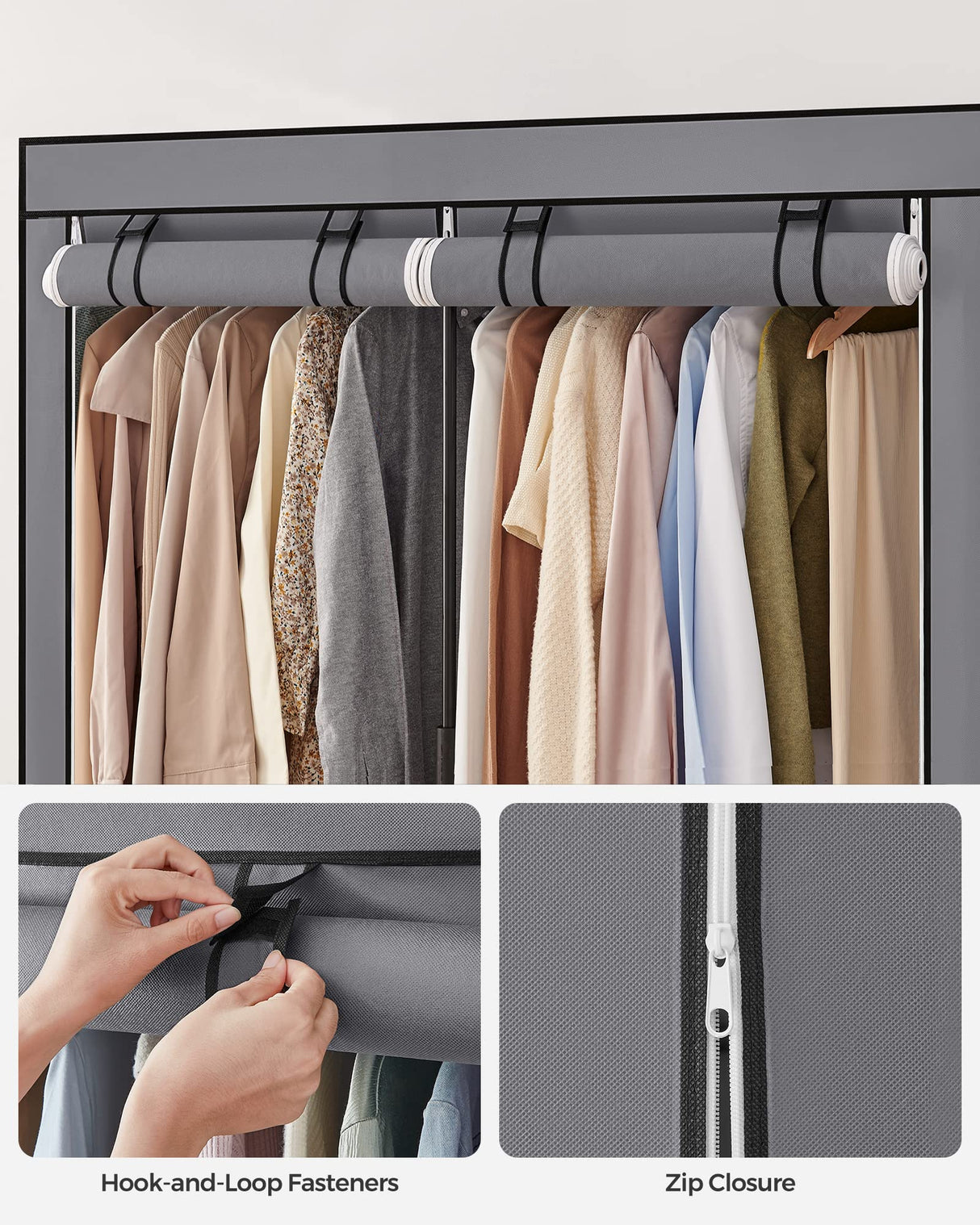 SONGMICS Closet Wardrobe, Portable Closet for Bedroom, Clothes Rail with Non-Woven Fabric Cover, Clothes Storage Organizer, 55.1 x 16.9 x 68.5 Inches, Gray URYG02GY SONGMICS