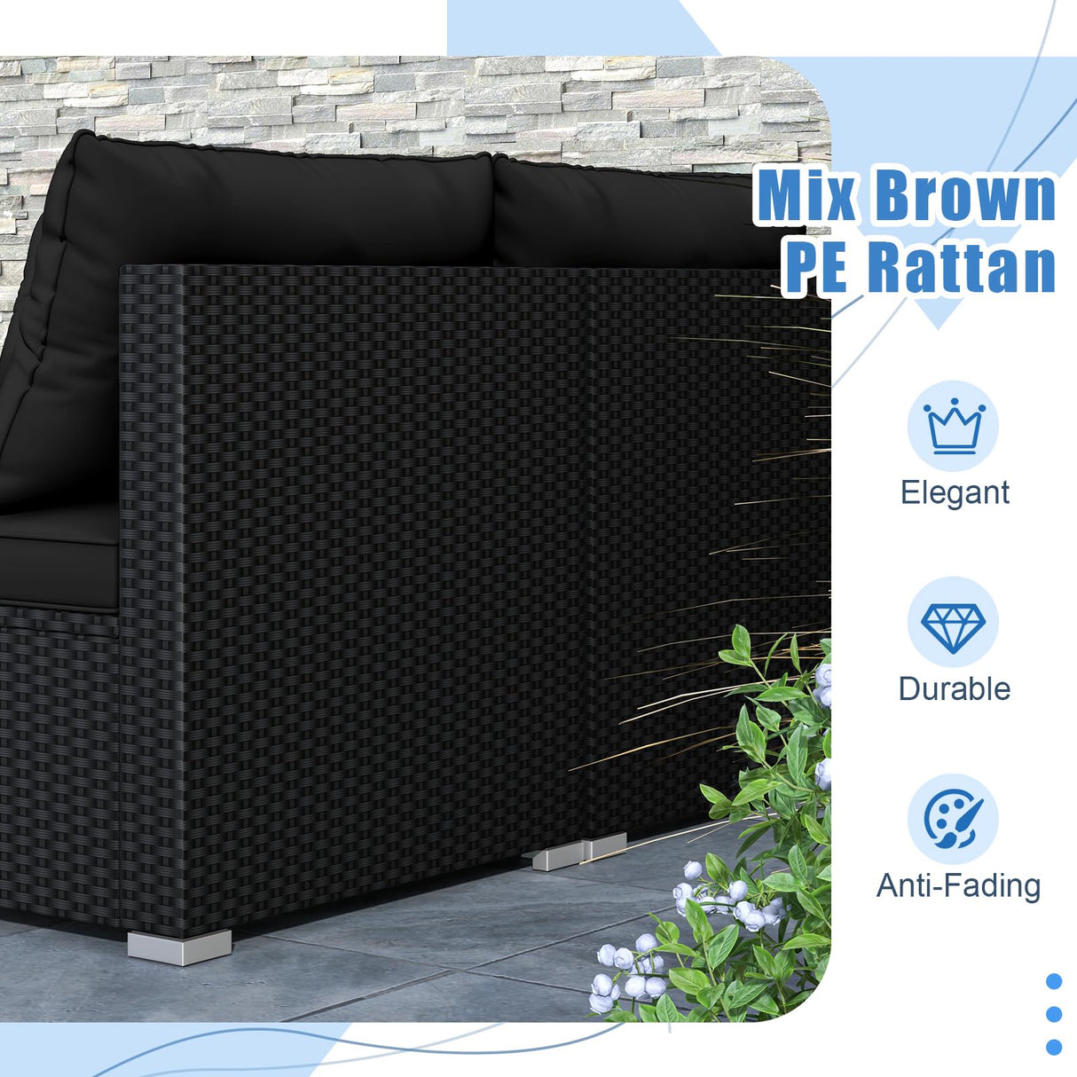 RELAX4LIFE 5-Piece Wicker Outdoor Furniture - PE Rattan Sectional Conversation Set w/4 Armless Sofas & Acacia Wood Coffee Table, Cushioned Patio Sofa Set for Garden Poolside Backyard Porch (Black) RELAX4LIFE