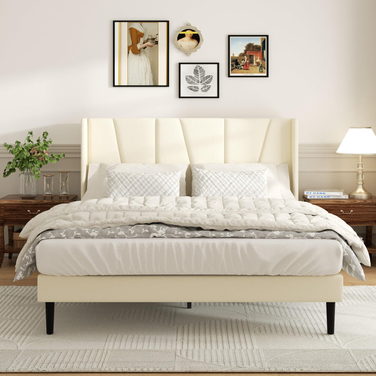 Queen Bed Frame with Headboard and Wingback, Velvet Upholstered Platform Bed, Mattress Foundation with Wooden Slat Support, No Box Spring Needed, Easy Assembly, Noise Free, Beige Sismplly