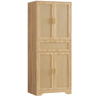Iwell Tall Storage Cabinet with 2 Adjustable Shelves & Large Drawer, Rattan Cabinet with 4 Doors, Pantry Cabinets for Dining Room, Living Room, Home Office, Natural