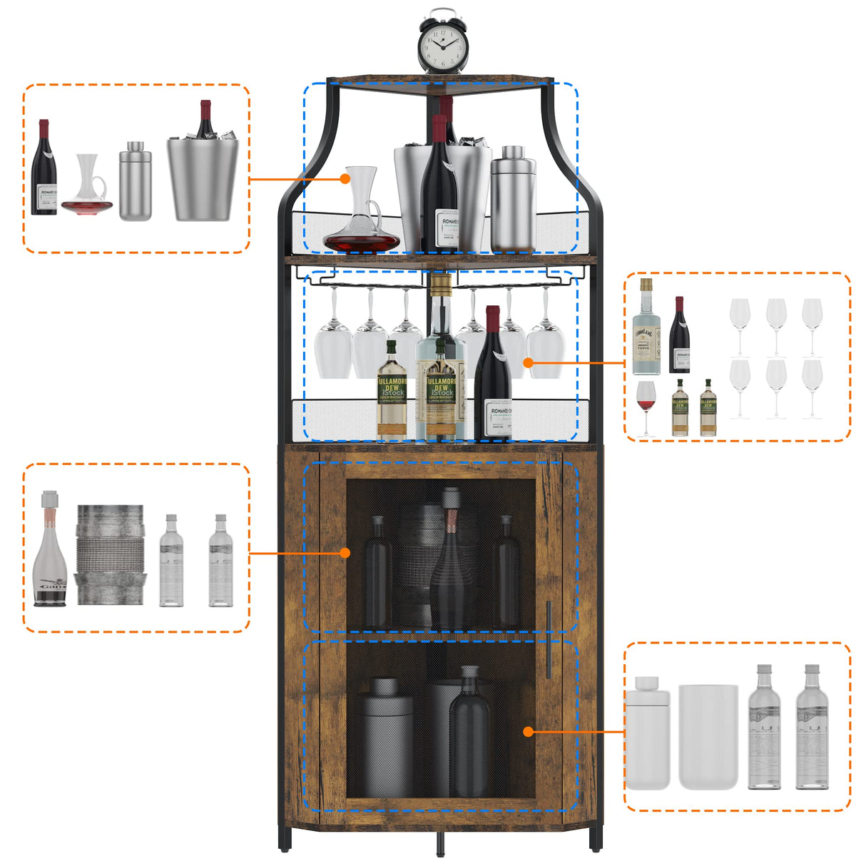 GAOMON Wine Corner Cabinet with Removable Wine Rack, Wine Cabinet and Wine Glass Bar Cabinet with Glass Rack and Mesh Door, Wine Cabinet with Reasonable Functional Partitioning (Retro Brown) GAOMON