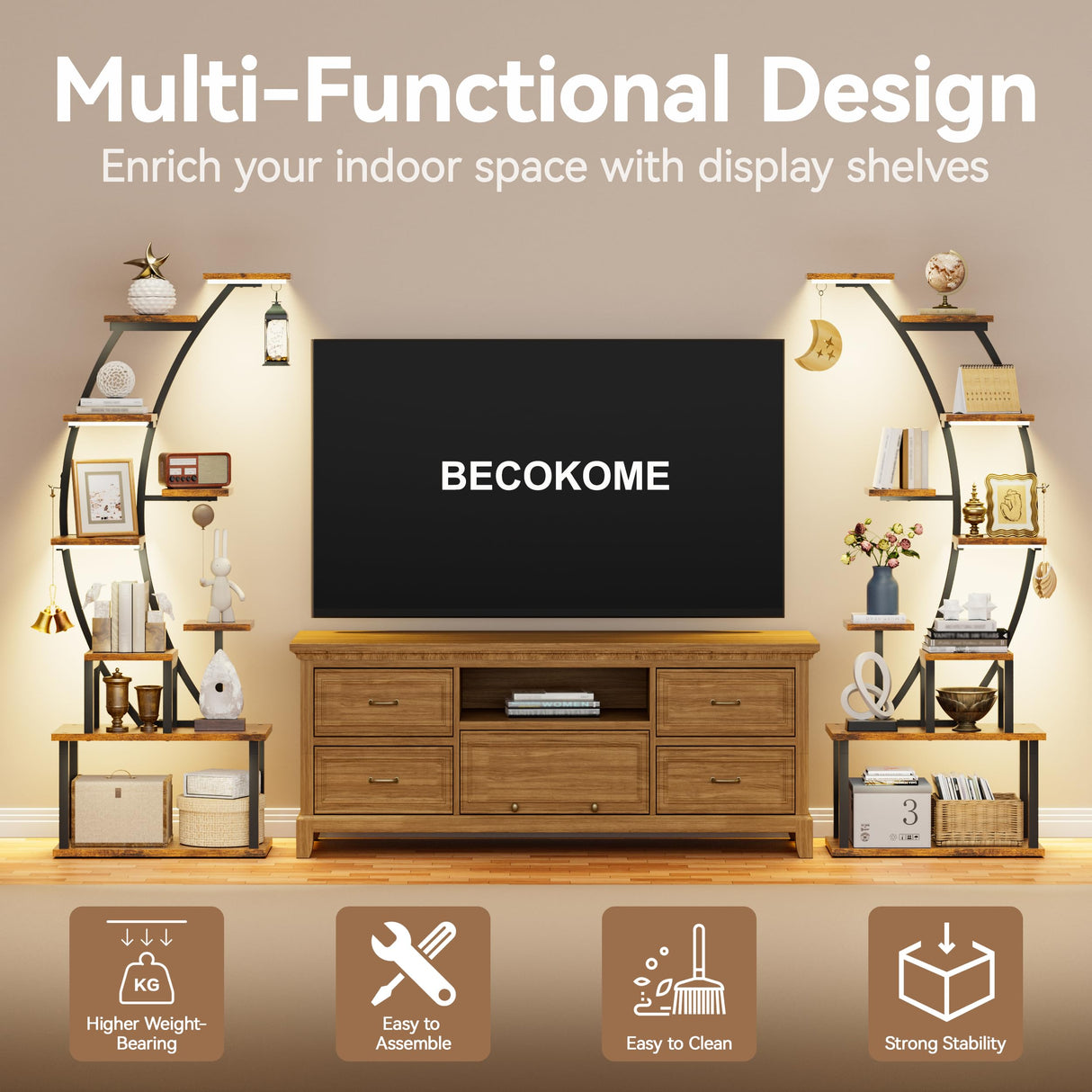 BECOKOME Bookshelf with Lights - 63" Tall Unique Bookshelves, 9-Tier Book Shelf for Collectibles, Black Display Shelf with Light, Half-Moon Ladder Book Stands for Bedroom Living Room, Rustic Brown BECOKOME