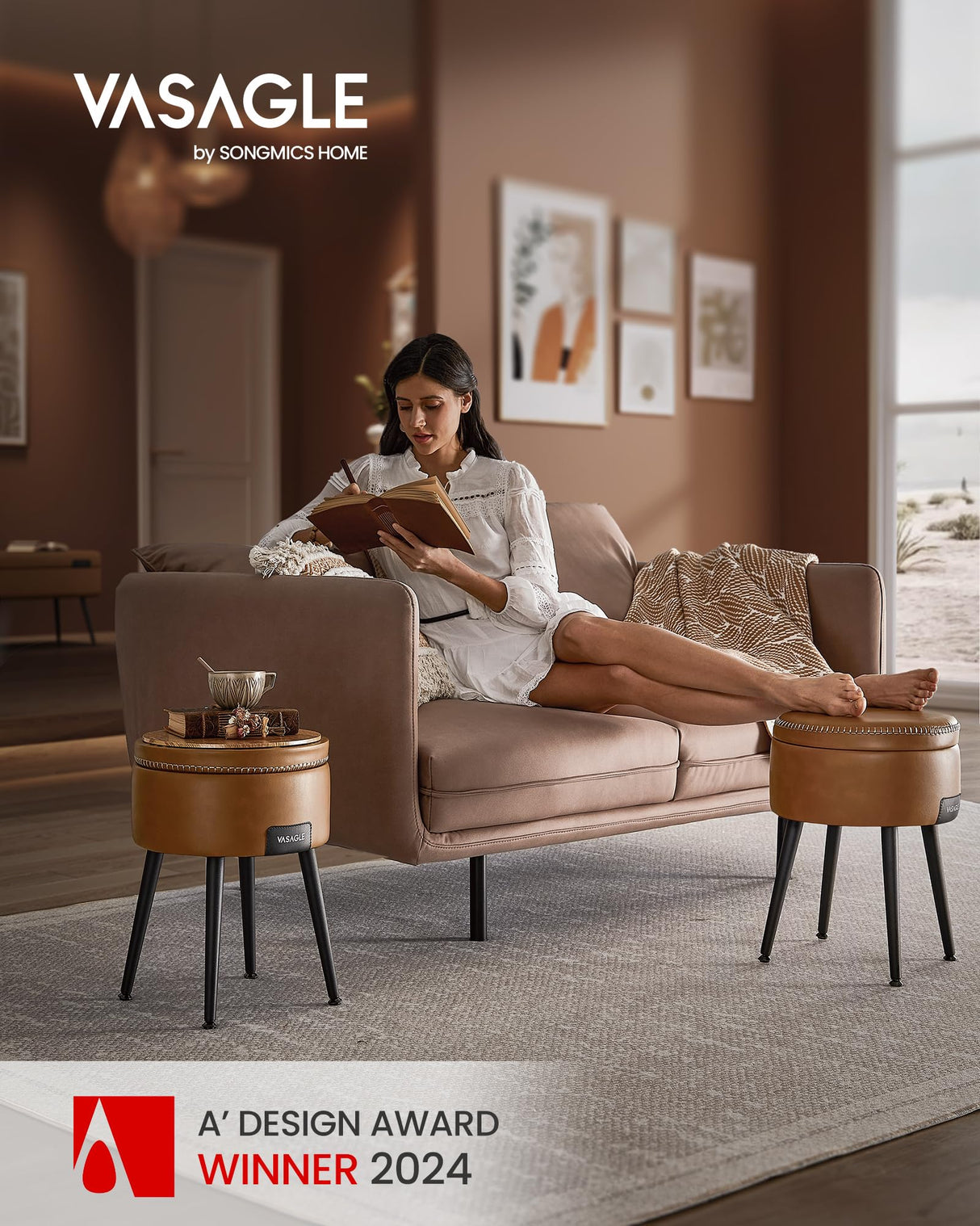 VASAGLE EKHO Collection - Storage Ottoman, Vanity Chair Stool, Synthetic Leather with Stitching, Mid-Century Modern, Round Storage Seat with Steel Legs, Loads 330 lb, Caramel Brown ULOM005K01 VASAGLE