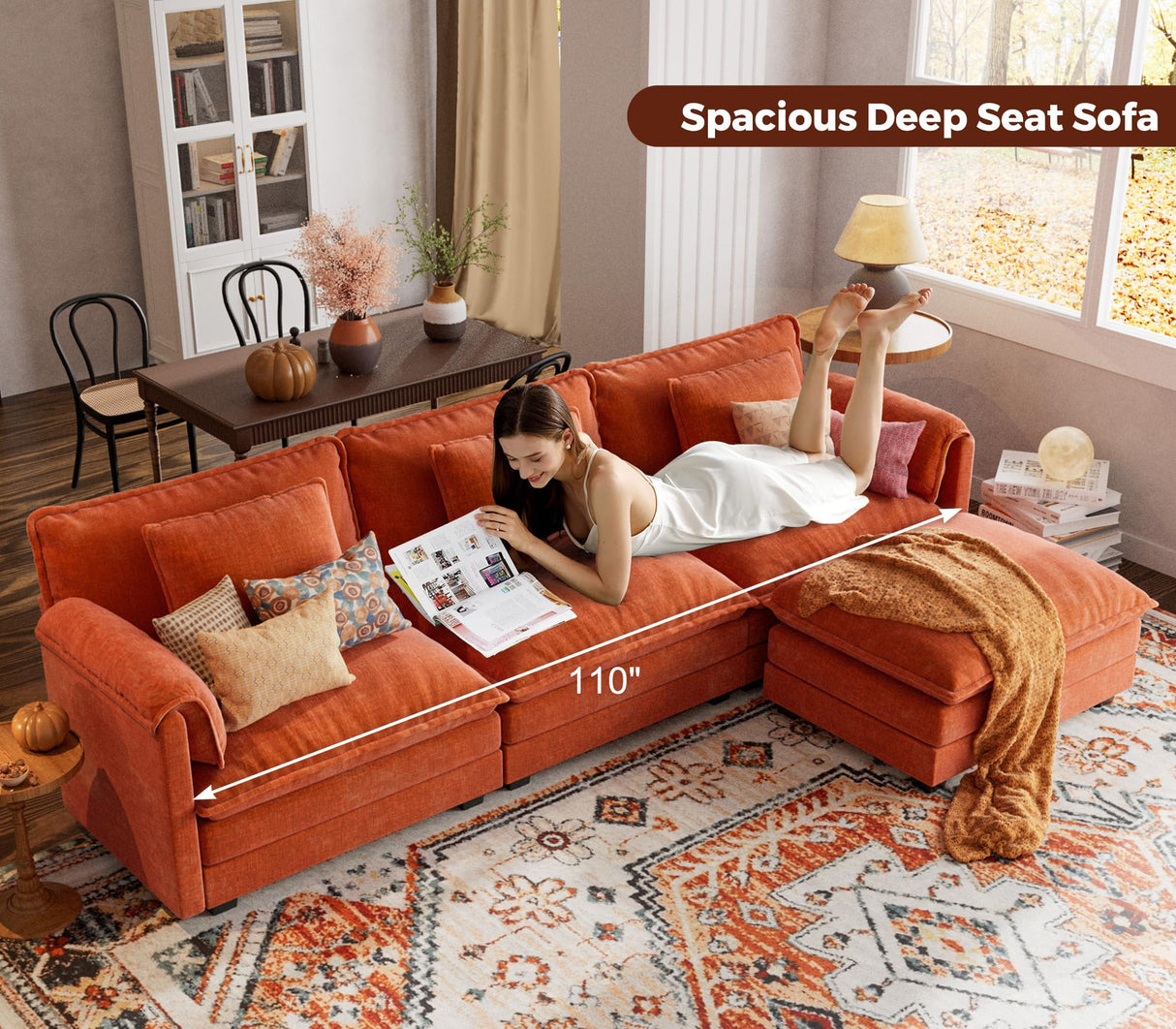 ELUCHANG Oversized 113" Modular Sectional Sofa, Comfy Cloud Couch, L Shaped Deep Seat Sofa Couches for Living Room, 4-Seater Modern Sofa with Movable Ottoman, DIY Combination - Chenille Terracotta ELUCHANG