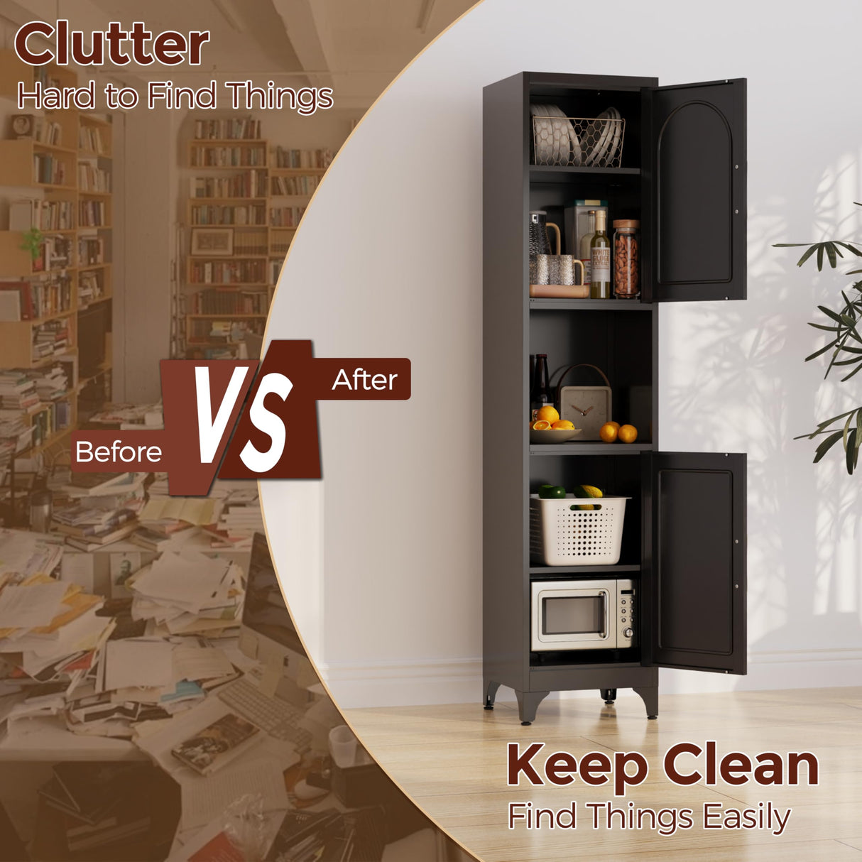 Kubohogar 75" Tall Bathroom Storage Cabinet, Metal Bathroom Floor Cabinet with Doors, Open Space, Adjustable Shelves,Freestanding Narrow Cabinets for Kitchen, Living Room, Laundry, Black Kubohogar