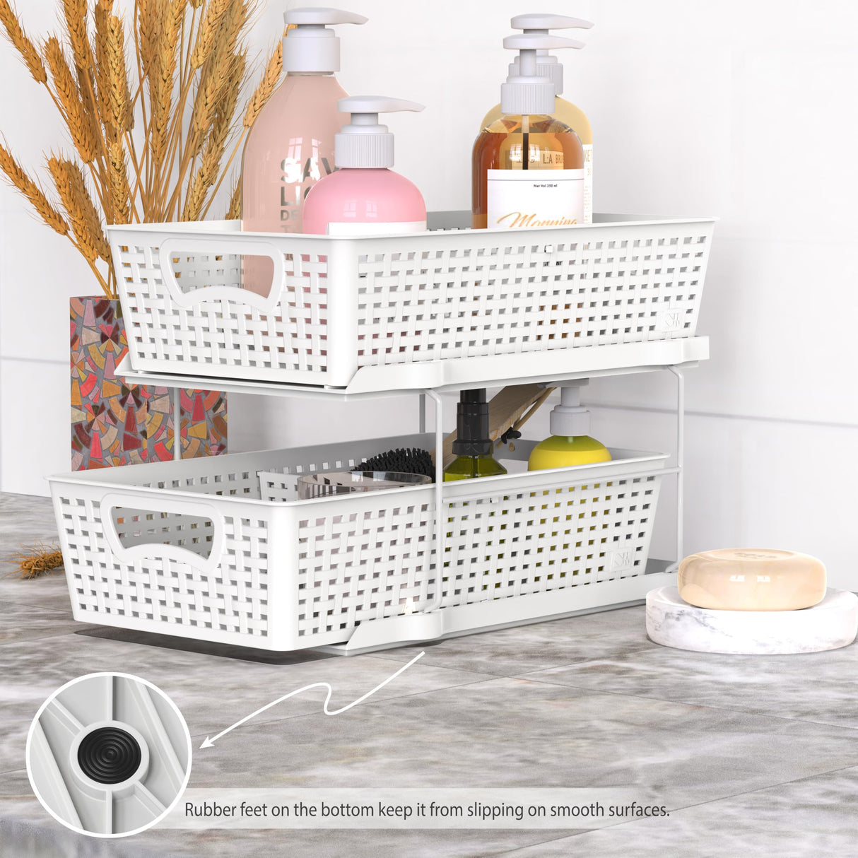 Simple Houseware 2 Tier Bathroom Organizer Tray Pull-Out Sliding Drawer/Under-Sink Storage, White Simple Houseware