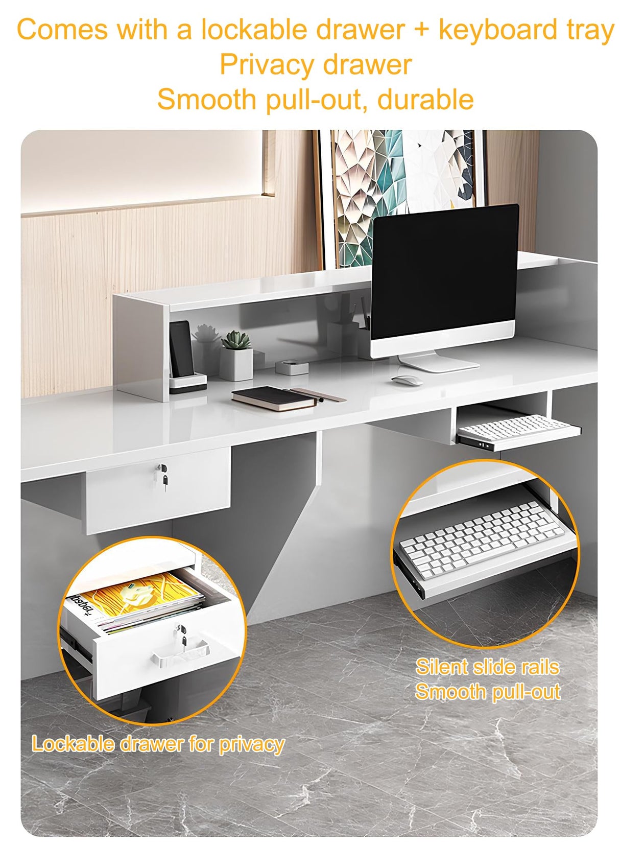 Modern Reception Desk with Counter, Front Desk Reception Counter with Lockable Drawer, Retail Checkout Office Computer Workstation for Clothing Store Beauty Salon, SOHO, Shop Generic
