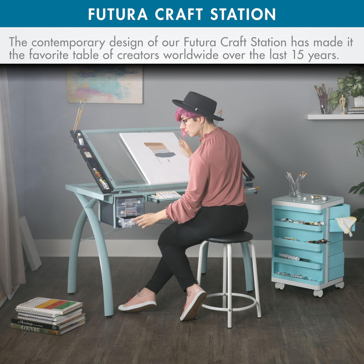 SD STUDIO DESIGNS Futura Craft & Drawing Table with Adjustable Tempered Safety Glass Top – Modern Art Desk with Storage Drawers, Pencil Ledge, Glossy Sage/Clear Glass SD STUDIO DESIGNS