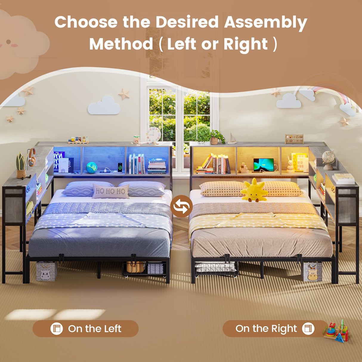 Hasuit Full Corner Bed Frame with Storage Bookcase, Full Size Daybed with 2 Underneath Storage Drawers, Kids Bed Unit with Charging Station and LED Light, Modern Teenagers Bedframe, Oak Gray Hasuit