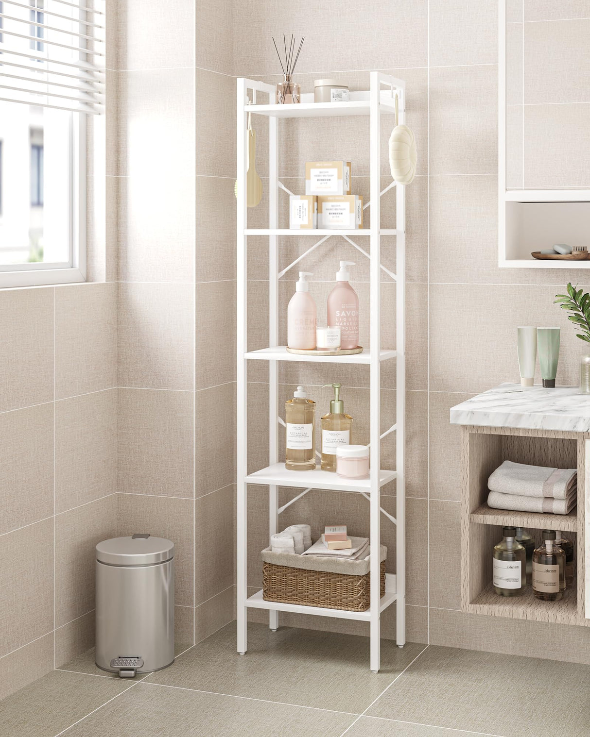 Hzuaneri Bookshelf, Book Shelf, Industrial Bookcase with 2 Hooks, Coner Shelf Storage Organizer for Home Office, Living Room, Bedroom, Kitchen, 5-Tier White BC10513W Hzuaneri