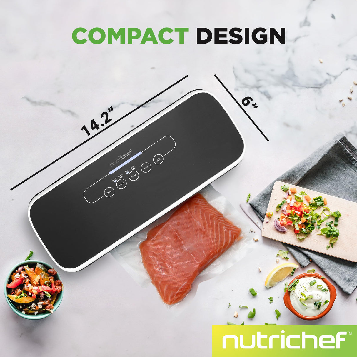 NutriChef Automatic Vacuum Air Sealing System for Food Preservation with Starter Kit, Compact Design, Lab Tested, Dry & Moist Food Modes with Led Indicator Lights, Black NutriChef
