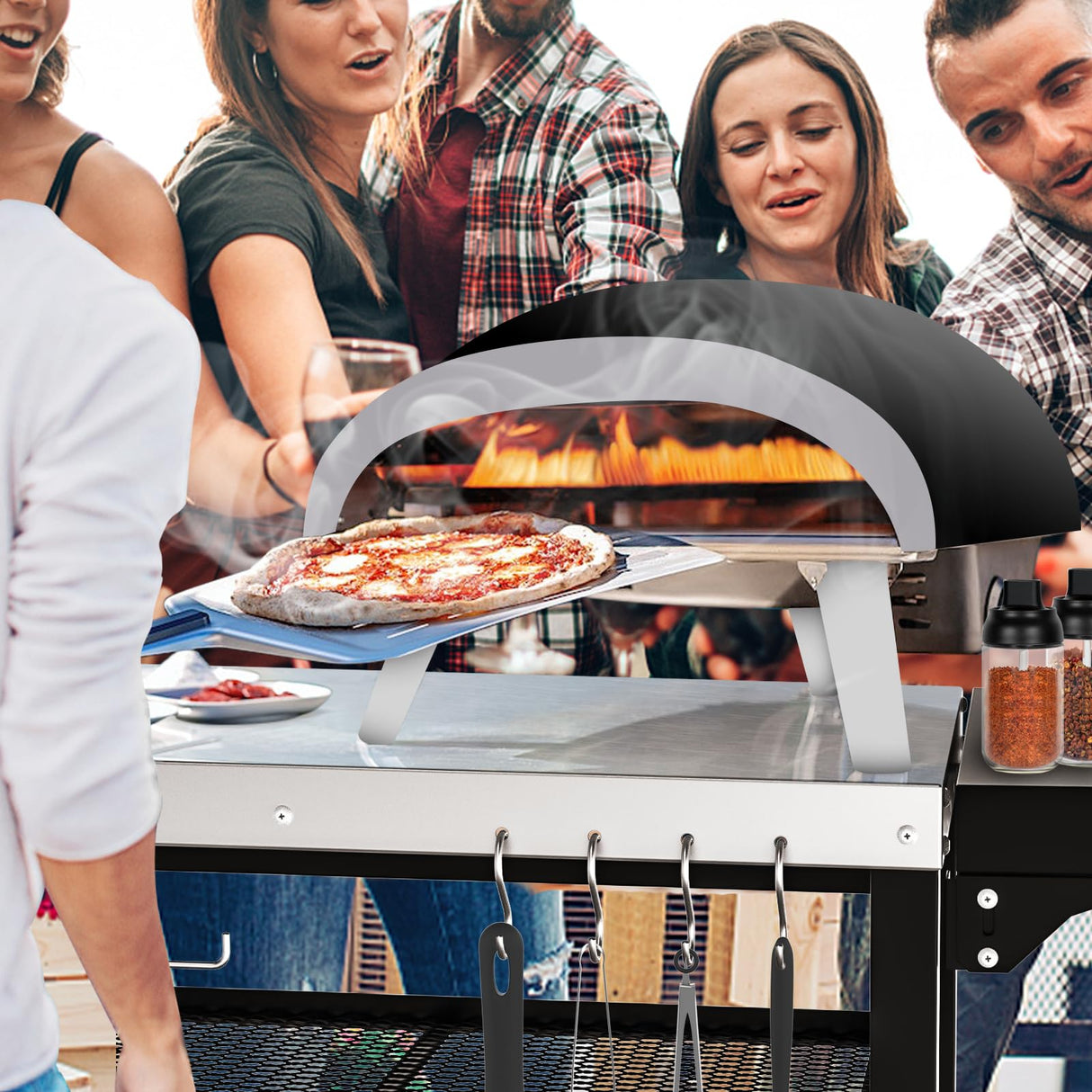 Outdoor Kitchen Island, Grill Table Cart with Drawer, Pizza Oven Stand, Movable 3-Shelf Prep Table with Side Table for Ninja Woodfire, Ooni Pizza Oven, Blackstone Griddle, Cuisinart, Cooking Station BBQMall