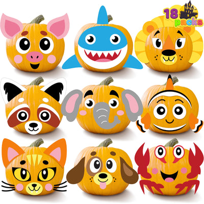 JOYIN 18 Packs Halloween Pumpkin Decorating Stickers Craft Kit, Halloween Party Supplies Arts Activities, Kids Party Favors, Jack O Lantern Foam Face Sticker in 9 Animal Designs, Classroom Games