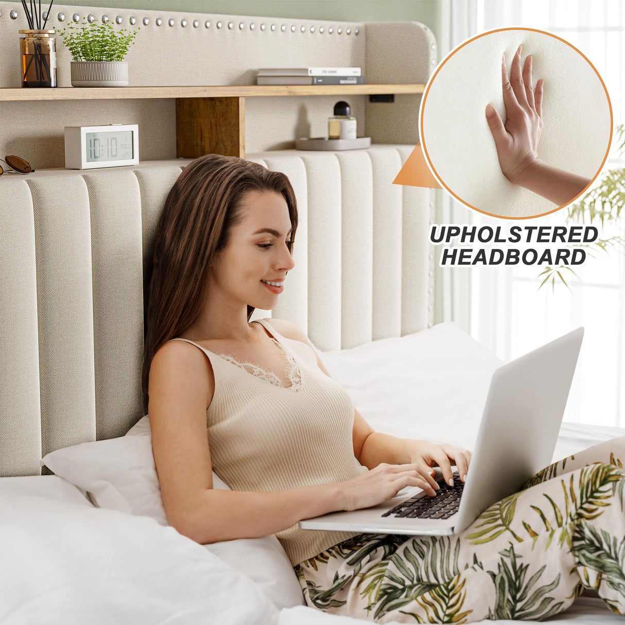 EnHomee King Size Bed Frame with Storage and Headboard, Upholstered King Bed Frame with Storage, King Bed Frame with 2 Drawers, King Size Bed Frame with Storage, NO Noise,No Box Spring Needed EnHomee