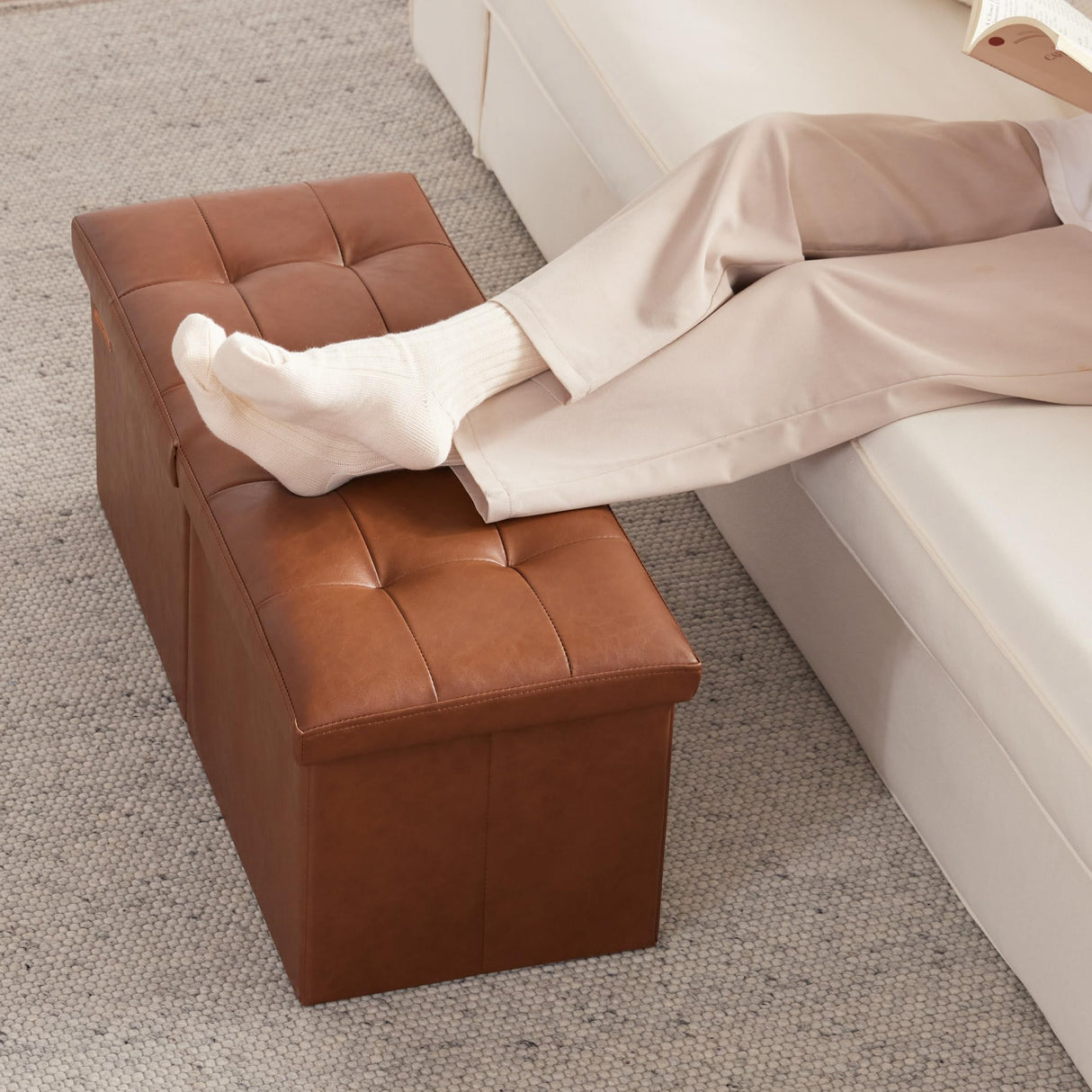 HAUSFRAU 31.5 Inches Ottoman with Storage Bench, Folding Ottoman Bench Small Foot Rest Stool, Bedroom Bench with Flipping Lid, Faux Leather Retro Brown HAUSFRAU