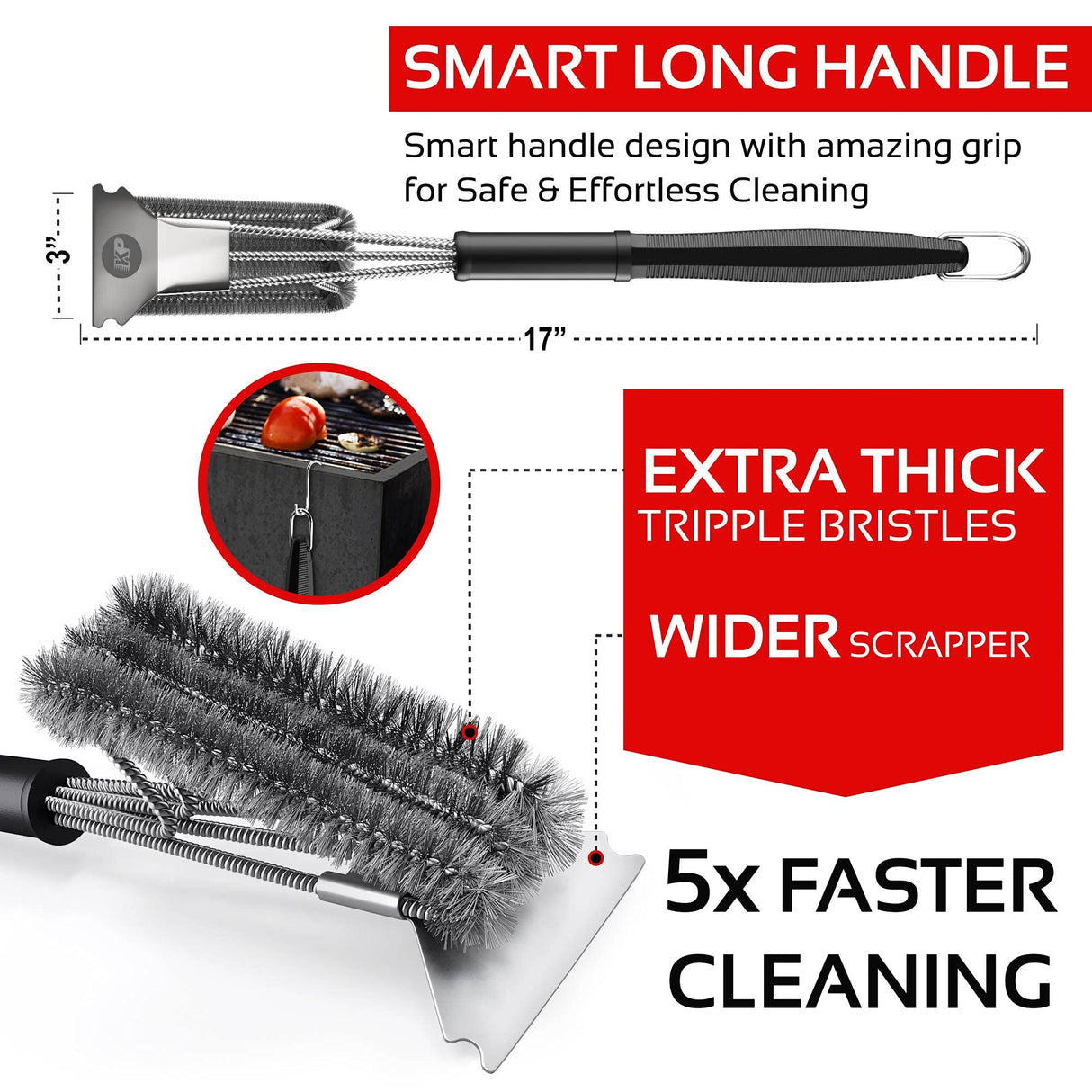 KITCHEN PERFECTION Safe Wire Grill Brush for Outdoor Grill w/Grill Scraper & Grill Mat Grill Cleaning Kit -Extended Handle BBQ Brush for Effortless Grill Cleaning Grill Cleaner Brush Barbecue Tools Kitchen perfection