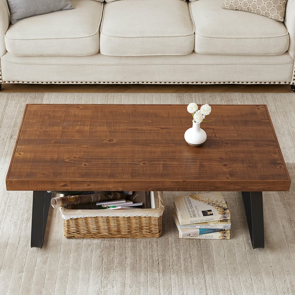 IBF Natural Wood Coffee Table, Rustic Solid Real Wood Center Table for Living Room, Rectangle Metal Modern Industrial Minimalist Wooden Cocktail/Tea Table, Rustic Brown, 47 Inch IBF