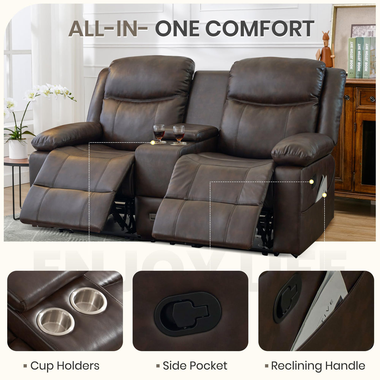 CALIVIA Manual Reclining Loveseat with Massage and Heat, Double Recliner Sofa with Center Console, Cup Holders & Storage for Living Room, RV (Brown) CALIVIA