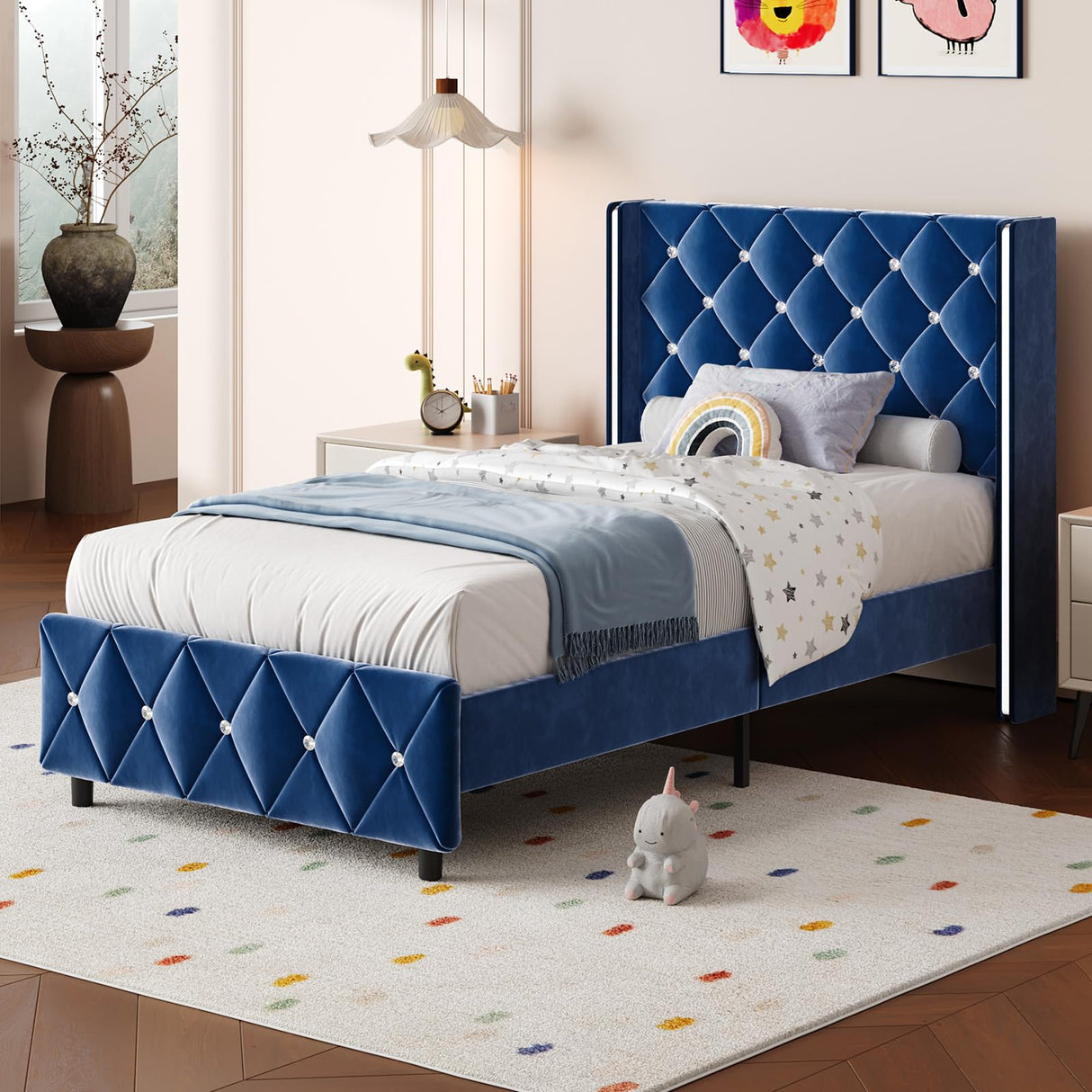 HOMBCK Twin Bed Frames, Upholstered Platform Bed with Diamond Tufted Headboard, Modern Velvet Bed Frame with Wingback Design, No Box Spring Needed, Easy Assembly, Blue HOMBCK