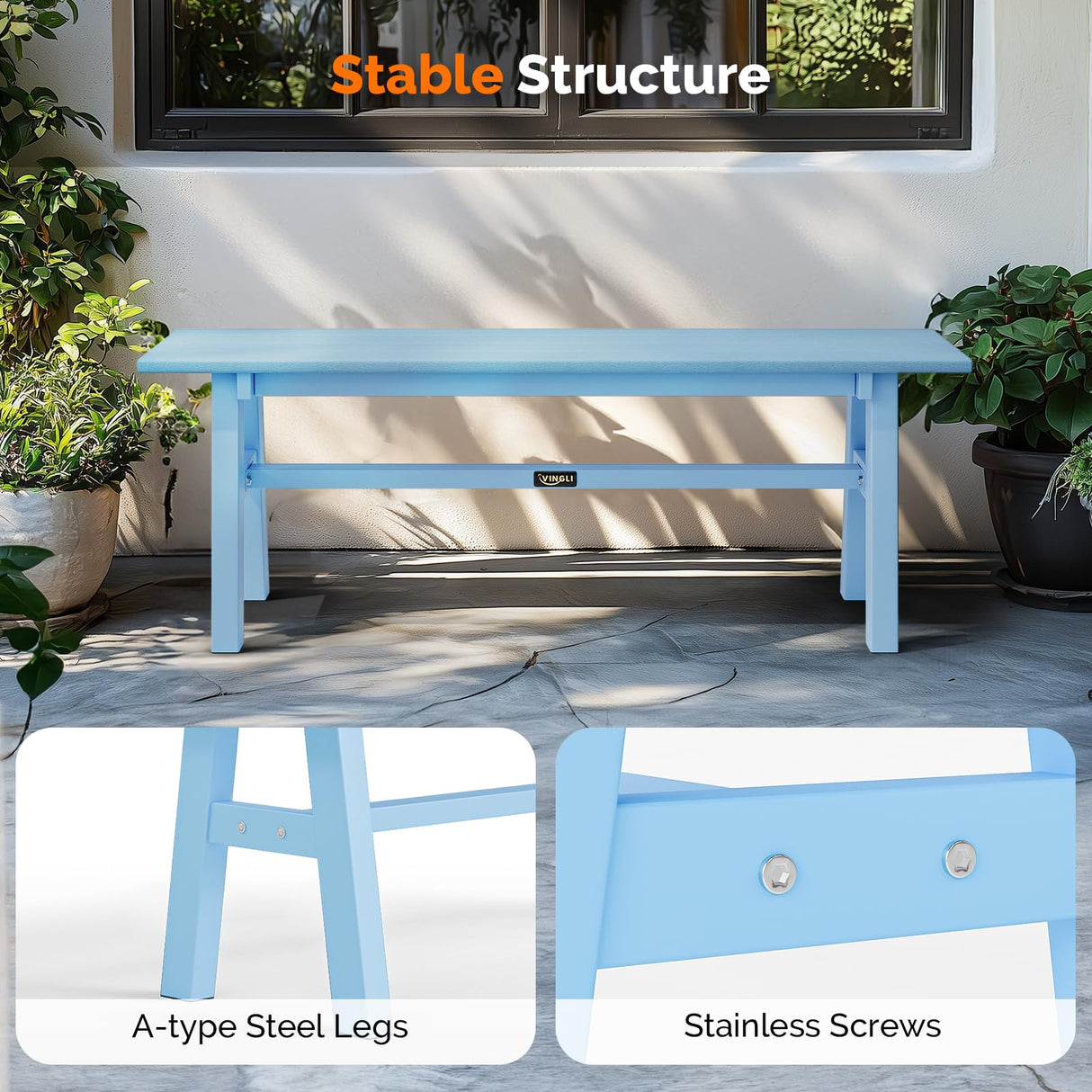 VINGLI 47” Outdoor HDPE Bench, Weatherproof Garden Bench w/Metal Legs, Poly Lumber Porch Benches, 660 LBS Capacity Outdoor Backless Patio Benches for Entryway Deck (Blue) VINGLI