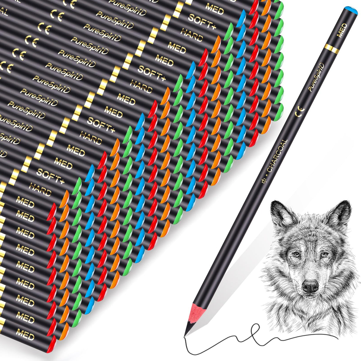 Resurhang 100 Pcs Charcoal Pencils Drawing Set, Charcoal Pencils bulk for Drawing Sketching Shading Blending Portrait Beginners and Artists(Black,Super Soft, Soft, Medium and Hard) Resurhang