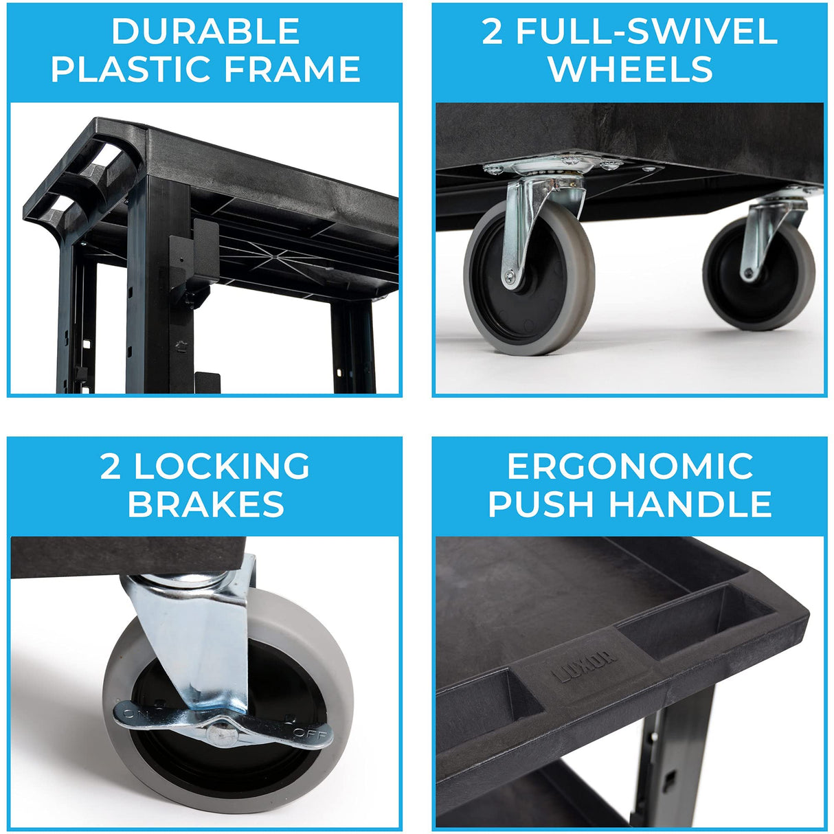 Stand Steady Tubstr 2 Shelf Utility Cart | Heavy Duty Service Cart Holds 400 lbs. | Adjustable Storage Hooks, Ladder & Spool Holders | Tub Cart for Stand Steady