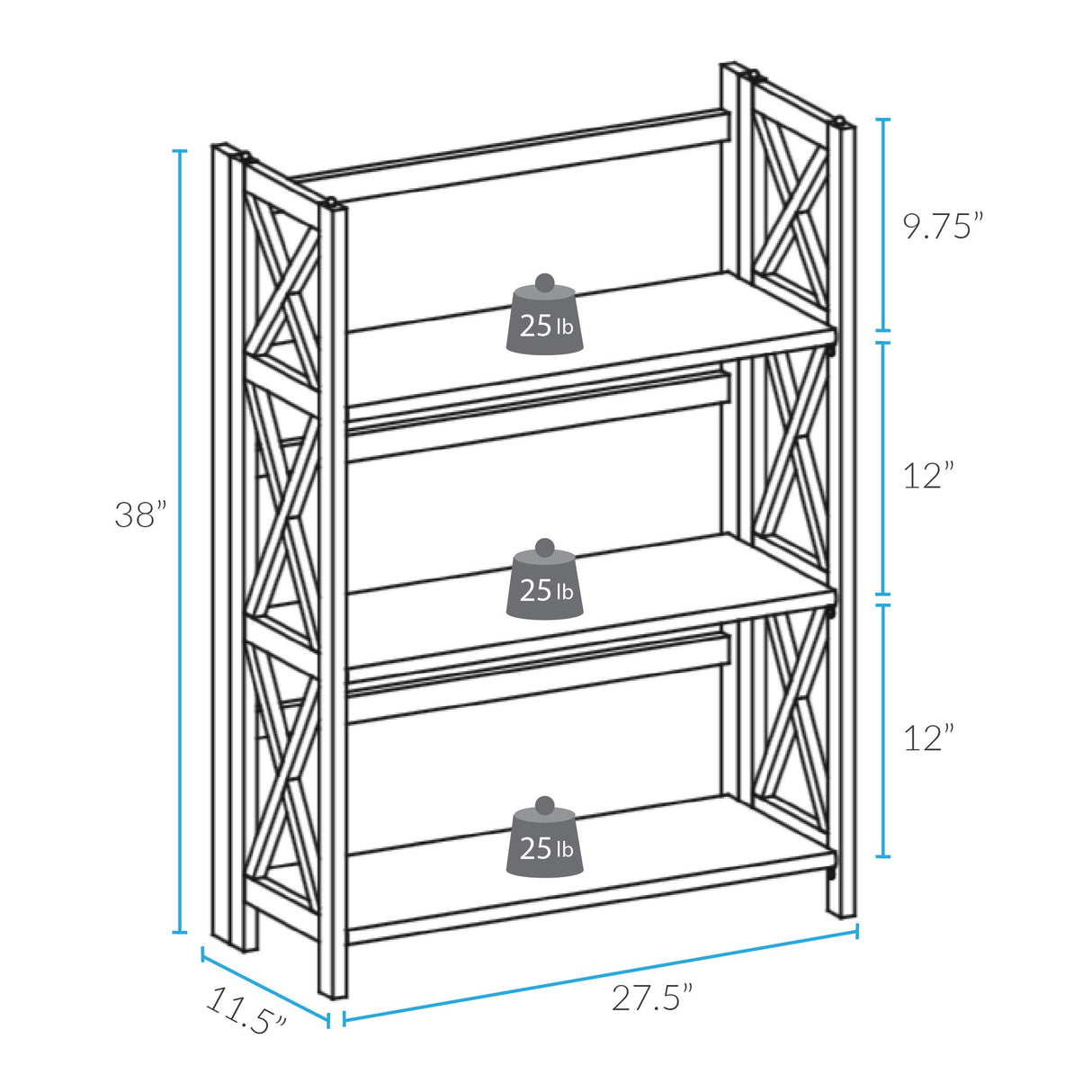 Casual Home Montego 3-Shelf Folding Bookcase, Natural , 27.5" Wide Casual Home