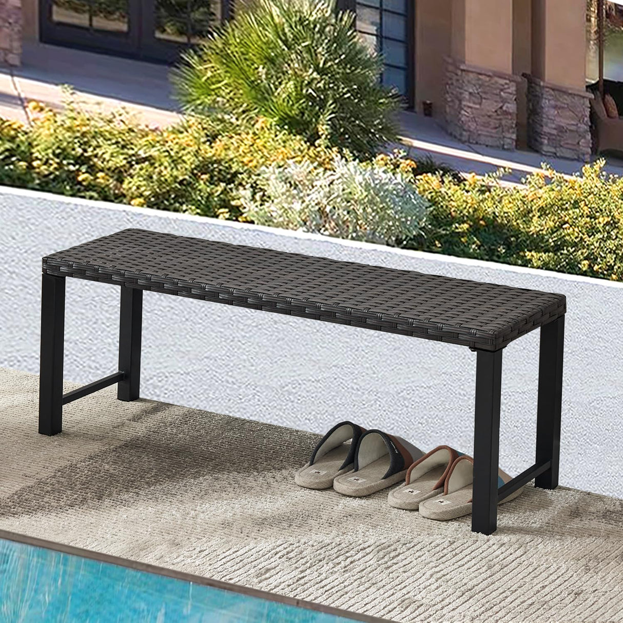 46” Black Rattan Bench with Metal Legs, Wicker Frame Patio Bench for Hallway, All Weather Outdoor Bench for Garden, Backyard, Porch Puntogen