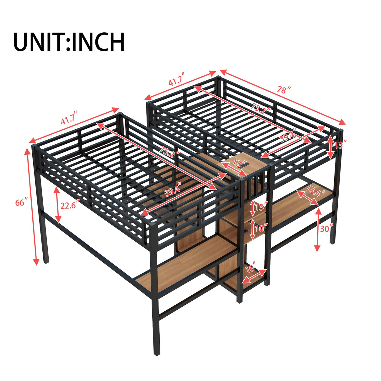 LUMISOL Loft Bed Twin Size with Desk, Metal Double Loft Bed Frame with Charging Station, Wardrobe & Storage Shelves, Noise Reduced, Black+Natural Wood LUMISOL