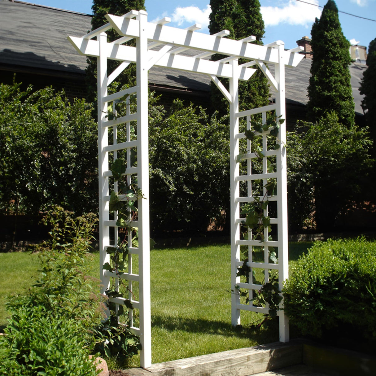 Dura-Trel Providence Arbor, 64 by 85 Inch PVC Patio Garden Arch, Outdoor Lattice Frame Decoration or Trellis for Climbing Plants, White DuraTrel