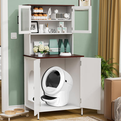 PakaLife Cat Litter Box Enclosure Furniture for Self-Cleaning Cat Litter Box, Wood Cat Washroom Furniture with Cabinet, Litter Box Furniture with Shelves and Doors for Large Smart Litter Box