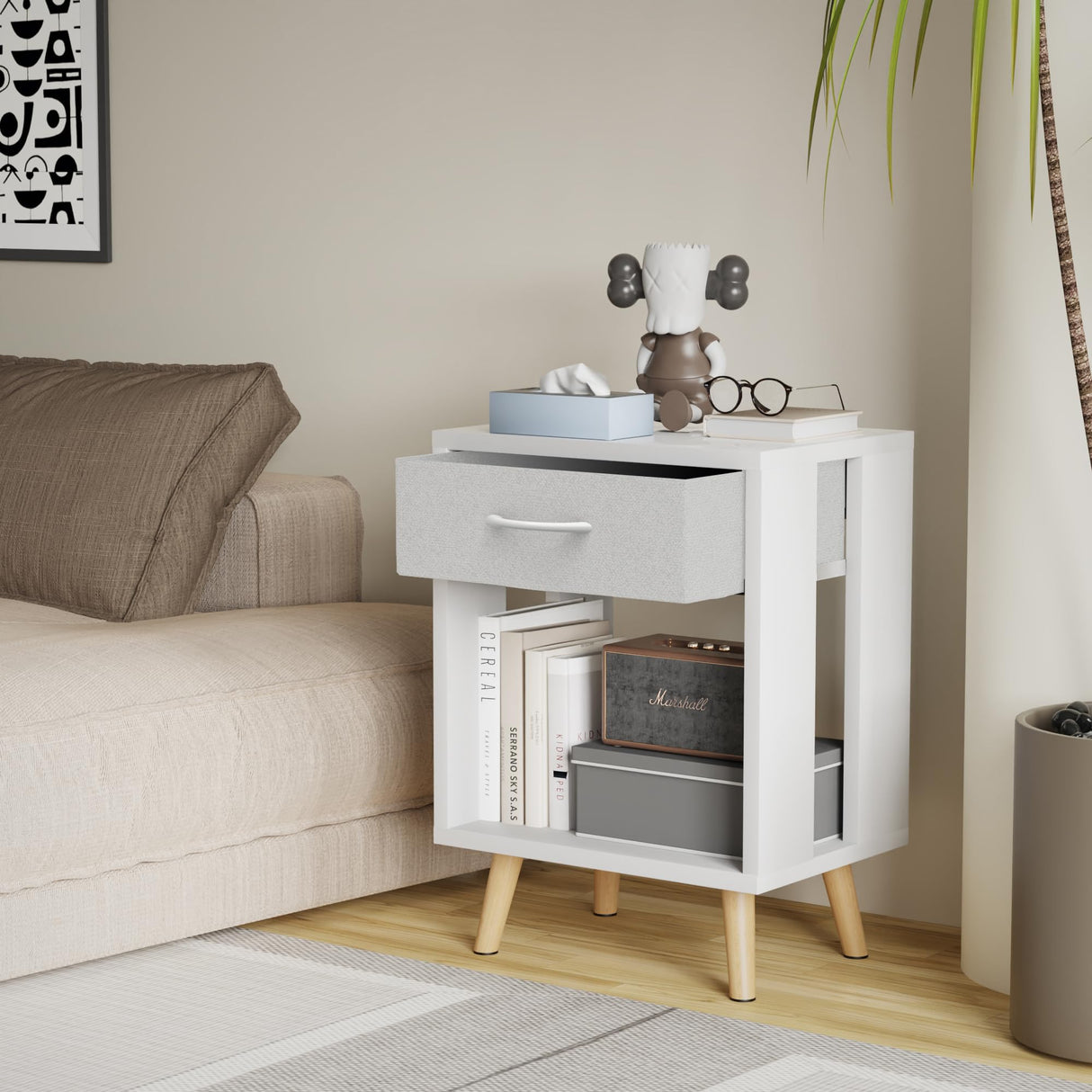 GYIIYUO Nightstands Set of 2 with Fabric Storage Drawer and Open Wood Shelf, Side Table with Storage for Bedroom, Night Stand with Drawer for Bedroom, Bedside Tables - White 24" H GYIIYUO