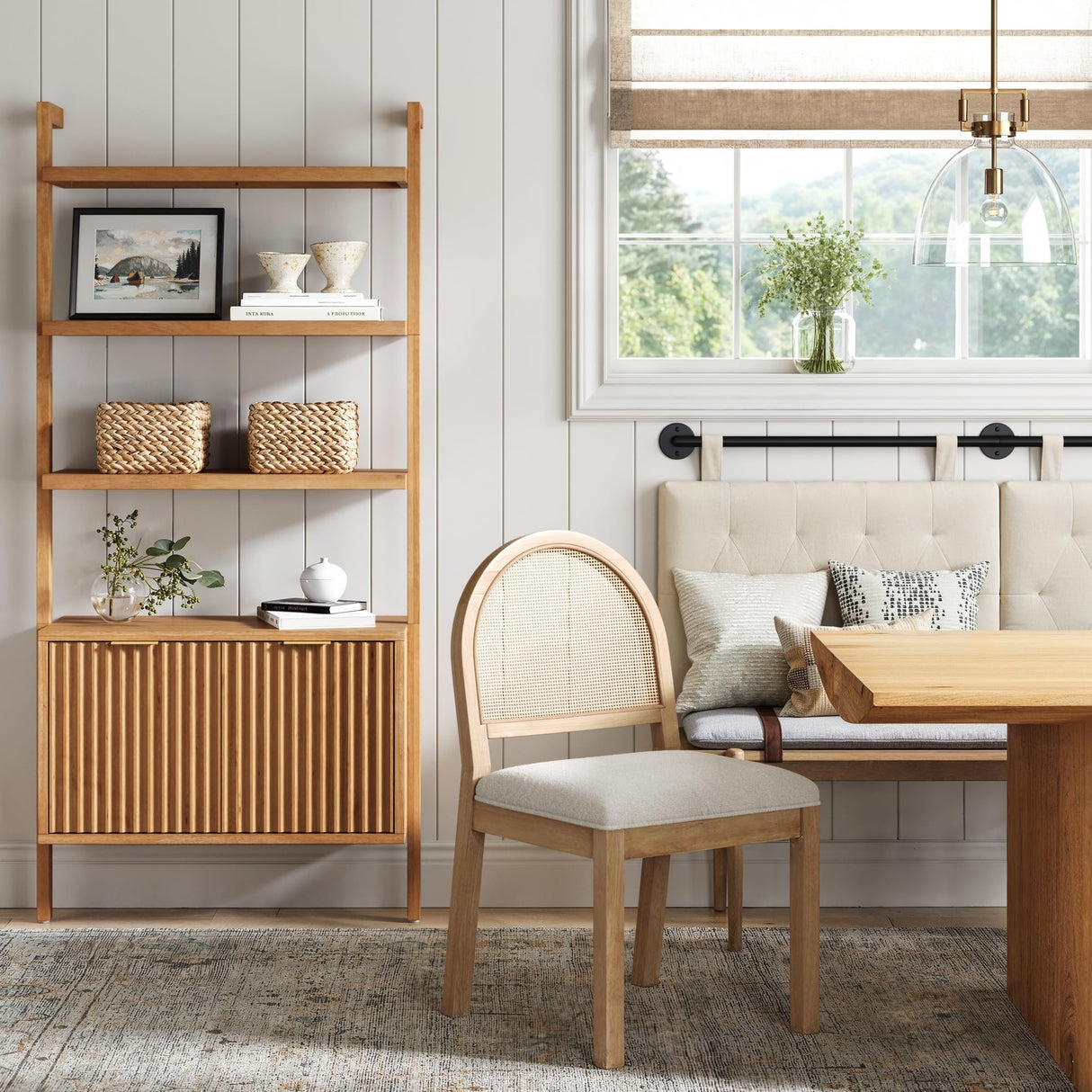 Nathan James Jasper 3-Shelf Solid Wood Boho Bookshelf, Wall Mounted Bookshelf with Cabinet with Fluted Doors, Natural Brown Nathan James