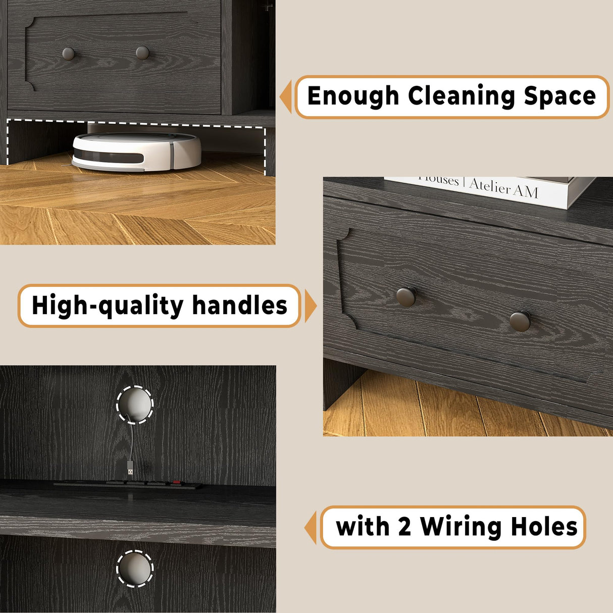 IRONCK TV Stand for 65 Inch TV, 55" LED Entertainment Center with Storage Cabinets, Power Outlets and Open Shelf, Media Console TV Cabinet with Drawers for Living Room, Black IRONCK