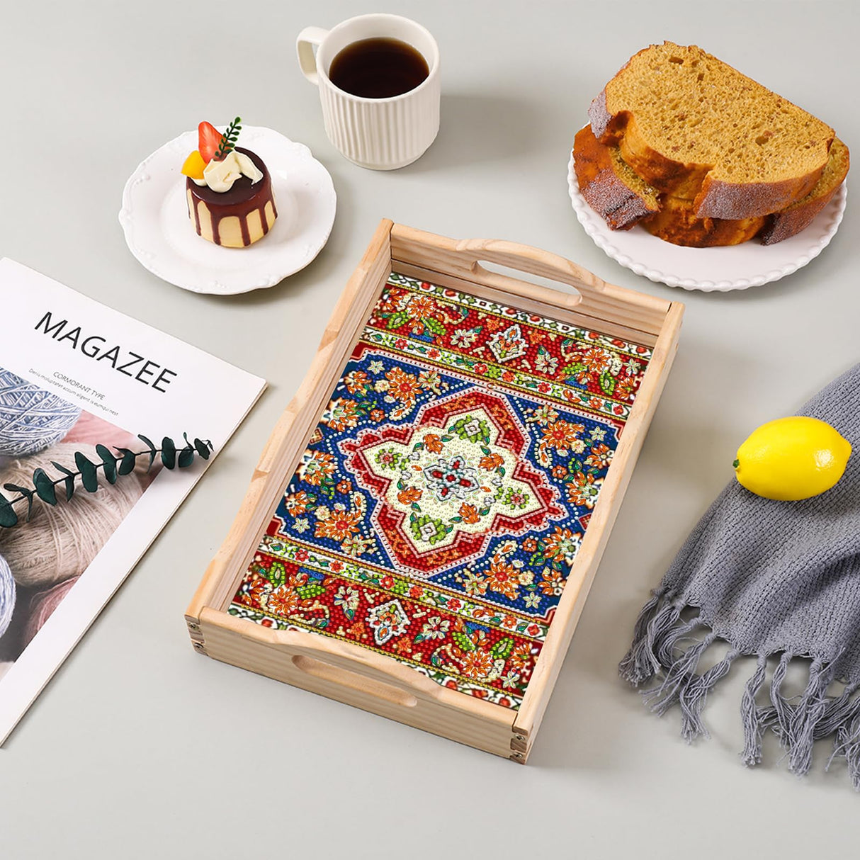 DOTSOPS 5D Diamond Art Kits for Adults Wooden Serving Tray with Handle Special Diamond Painting Plate Big Gem Dots Paint by Numbers Crafts Kits for Living Room Mandala 7.8x11.8 Inches DOTSOPS