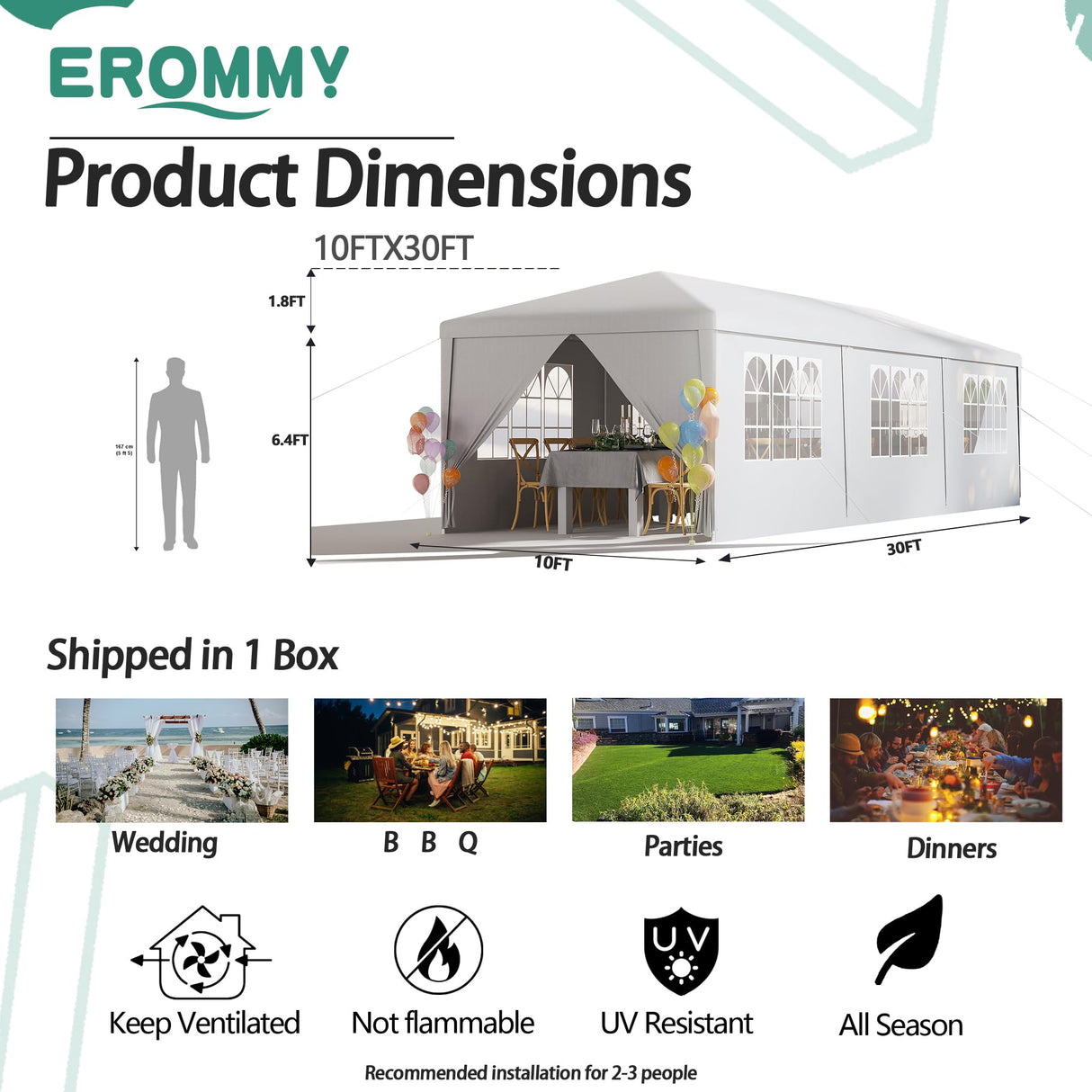 EROMMY 10x30 FT Party Tent, Outdoor Waterproof Wedding Canopy with 6 Sidewalls & 2 Zippered Doors for Birthday Parties, Holiday BBQ & Event Shelters,White EROMMY