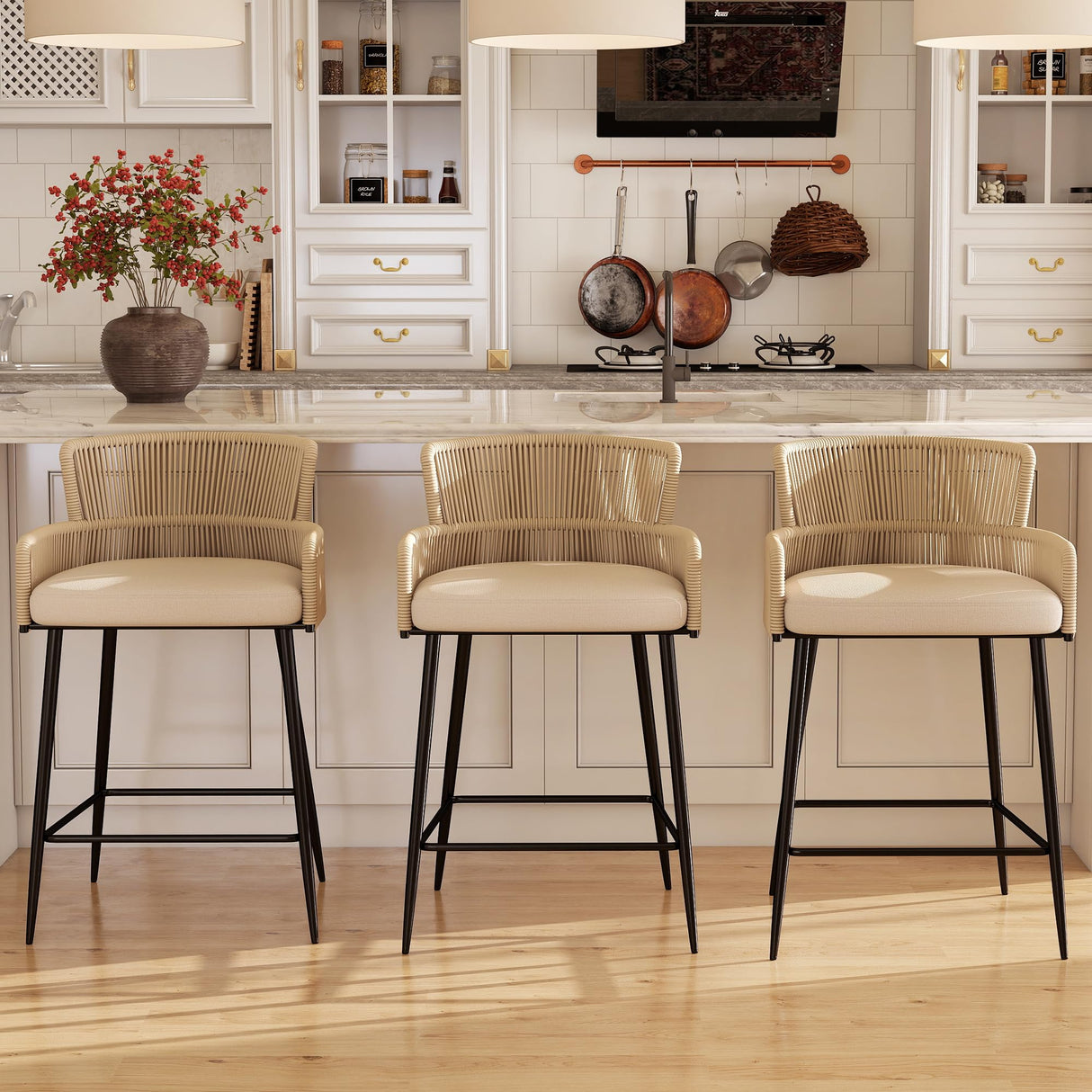 HNY Farmhouse Woven Bar Stools Set of 3, 26 Inch Linen Upholstered Rattan Barstools with Curved Backs, Modern Cane Counter Height Bar Chairs with Metal Legs and Armrest for Kitchen Island, Beige HNY