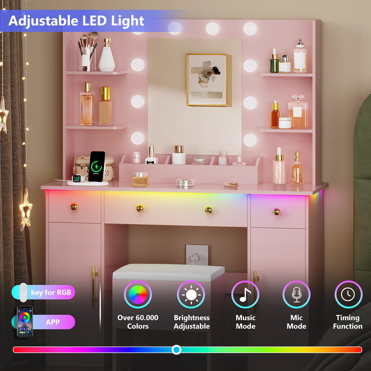 HUANLEGO Vanity Desk with Mirror and Lights,Pink Makeup Vanity with Charging Station & Vanity Stool, 3 Drawers and Cabinets White Vanity Mirror with RGB LED Lights Vanity Desk and Chair for Women HUANLEGO