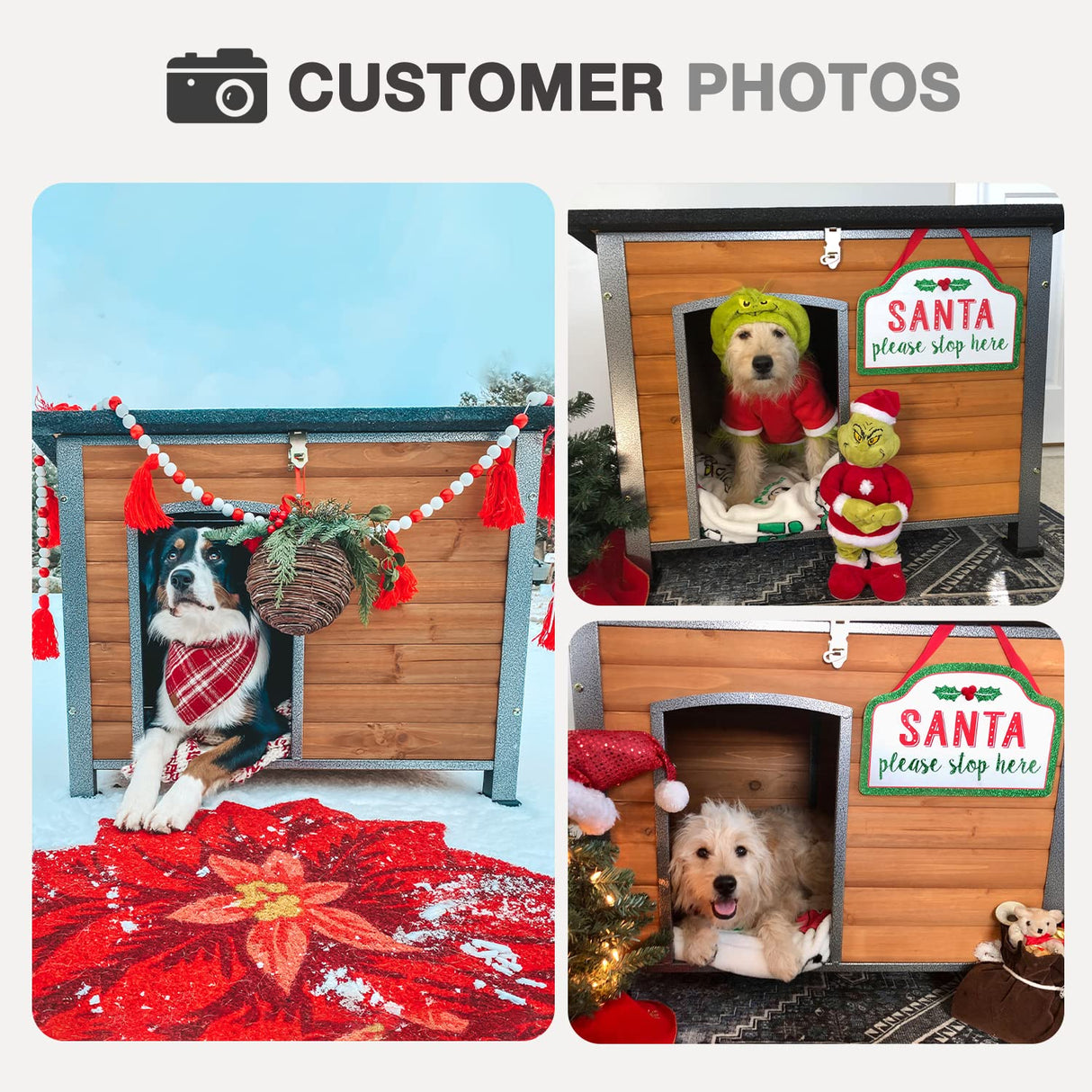 Dog House Outdoor Insulated Dog House for Small Medium Large Dogs, Natural Wood with Iron Frame, Waterproof Roof Raised Feet MEDEHOO