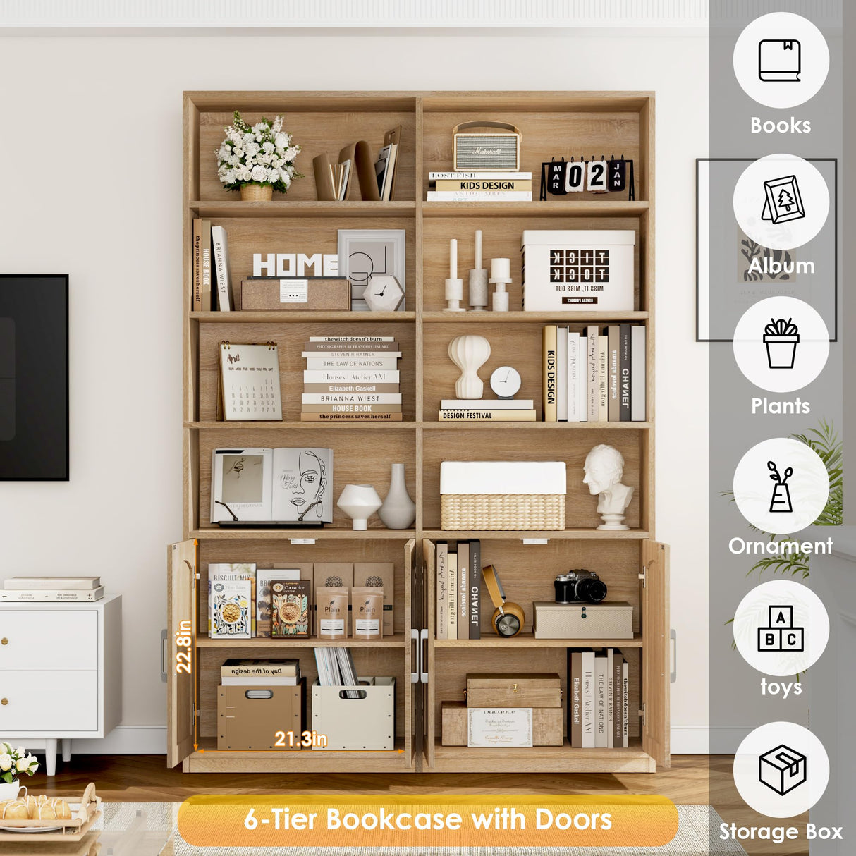 FACBOTALL Bookshelf and Bookcase with Doors, 6 Tier Double Wide Large Bookshelves, Open Display Shelves, 73'' Tall Bookcases for Home Office, Living Room, Library, Oak FACBOTALL