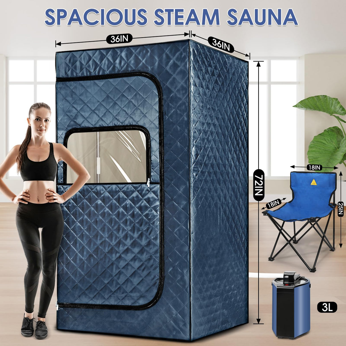 Portable Steam Sauna, Sauna Box for Home, Personal Sauna Tent with 3 L Steamer, 149°F, 9 Levels, Folding Chair, UV Atomization, Cycling Timer,72''X36''X36'' Sunakie
