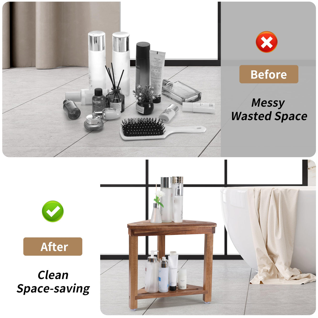 Boulphia Shower Foot Rest 14in, Acacia Wood Shower Stool for Shaving Legs, Waterproof Corner Shower Stool with Storage Shelf for Inside Small Shower Spaces Boulphia