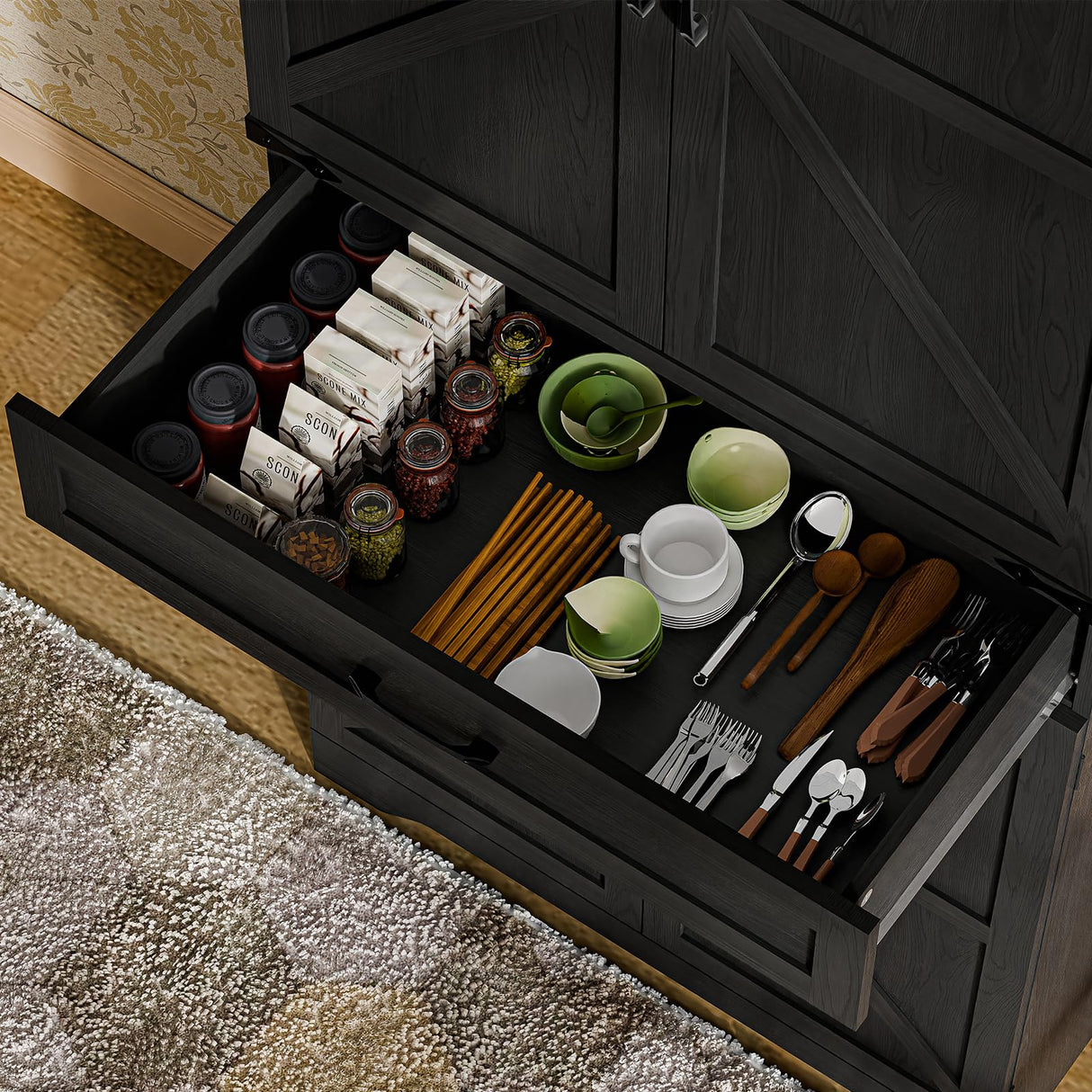 72" Kitchen Pantry Storage Cabinet, Farmhouse Storage Cabinet with Adjustable Shelves, Large Capacity Storage Cabinet with Drawer,Freestanding Cupboard for Kitchen, Dining Room, Living Room, Black Befrases