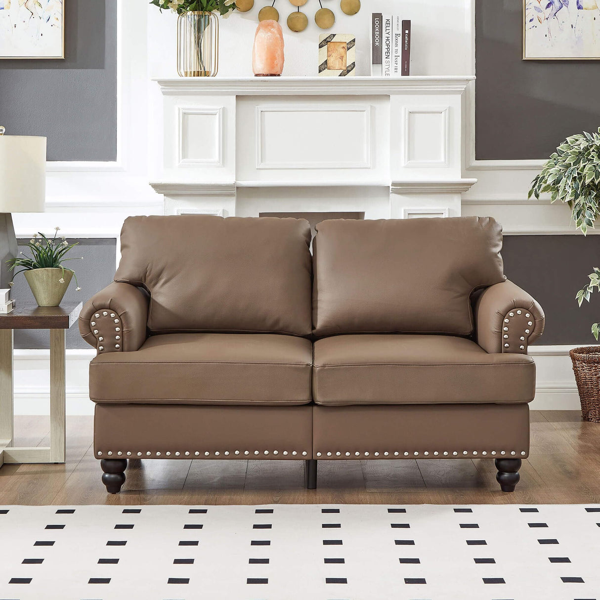 Lestar Loveseat Sofa Faux Leather, Upholstered Comfy 2 Seater Love Seat Sofas Couch Classic Style Round Armrests Nailhead Trim Removable Cushion Cover w/Storage Space (Brown, Loveseat) Lestar