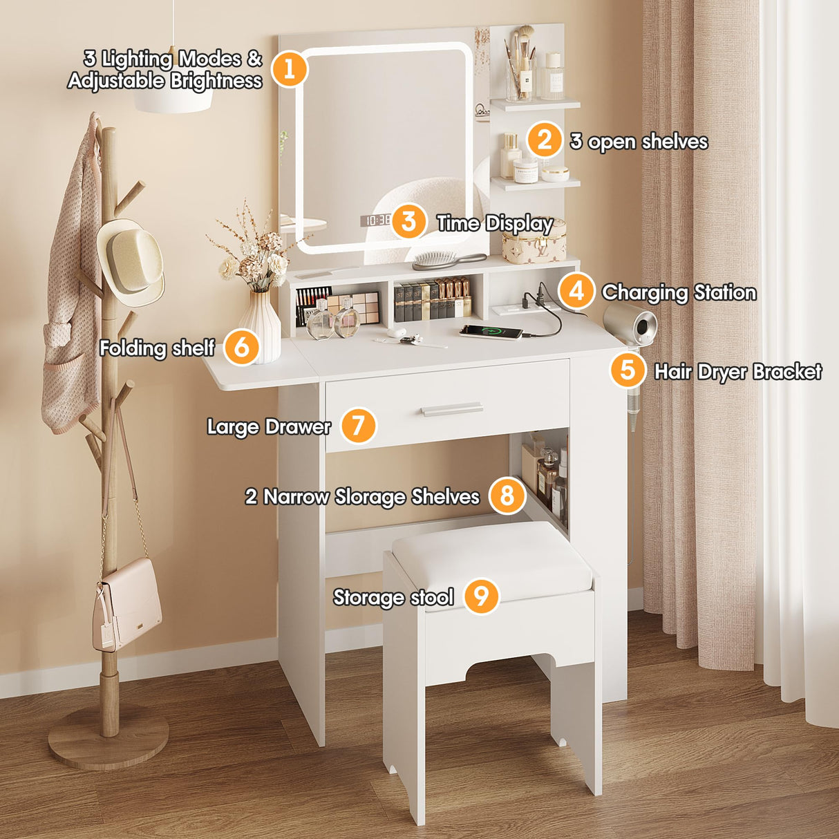 Vabches Makeup Vanity with Mirror and Lights, Small Vanity Desk with with Drawer Lots Storage, Vanity Set with Storage Drawer, Chair and Three Shelves, White Vabches