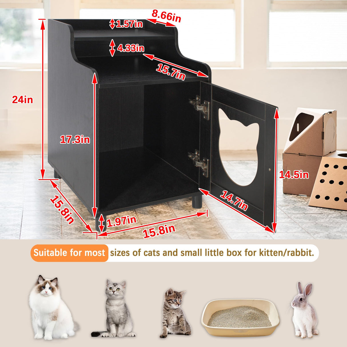 DOUSY- Small Wooden Cat Litter Box Enclosure, Hidden Litter Box Furniture Enclosed Cat Washroom Storage Cabinet, Side Table, Nightstand, Indoor Pet House 15.8 x 15.8 x 24 Inches, Black DOUSY