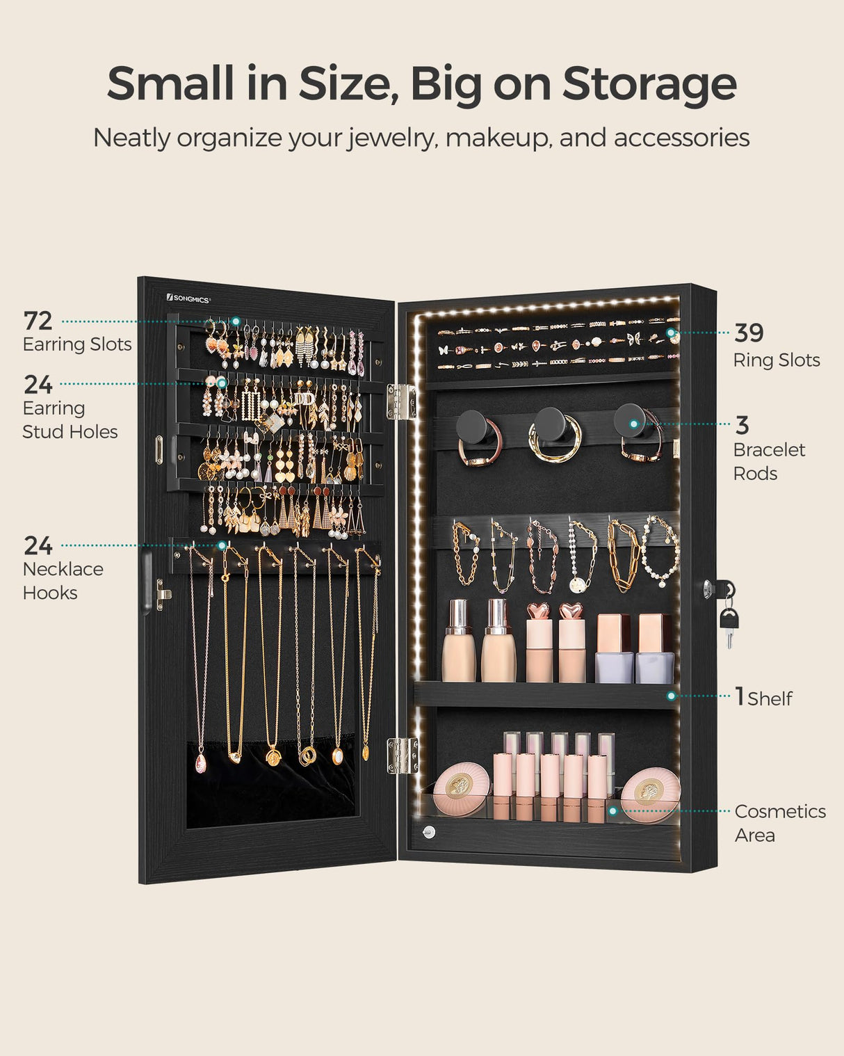 SONGMICS Mirror Jewelry Cabinet Armoire with Built-in LED Lights, Wall or Door Mounted Jewelry Storage Organizer, 3.8 x 14.6 x 26.4 Inches Hanging Mirror Cabinet, Gift Idea, Black UJJC050B01 SONGMICS