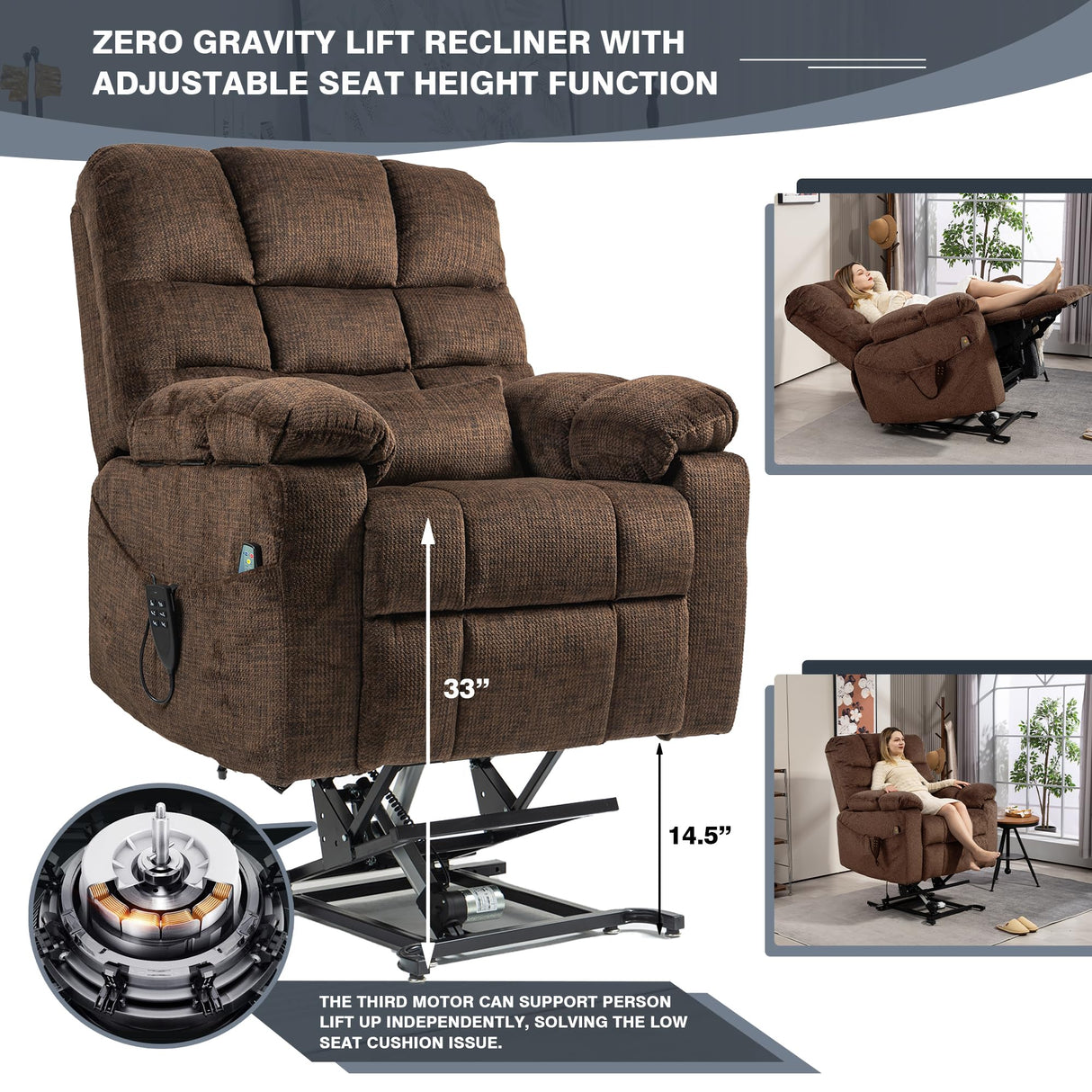 REHOUSING Oversized Power Lift Recliner Big Man 400lbs, Extra Wide Recliner Chair with Lifts Vertically for Elderly, Features Cup Holder, Heat and Massage, Zero Gravity Lay Flat for Adults (Brown) REHOUSING