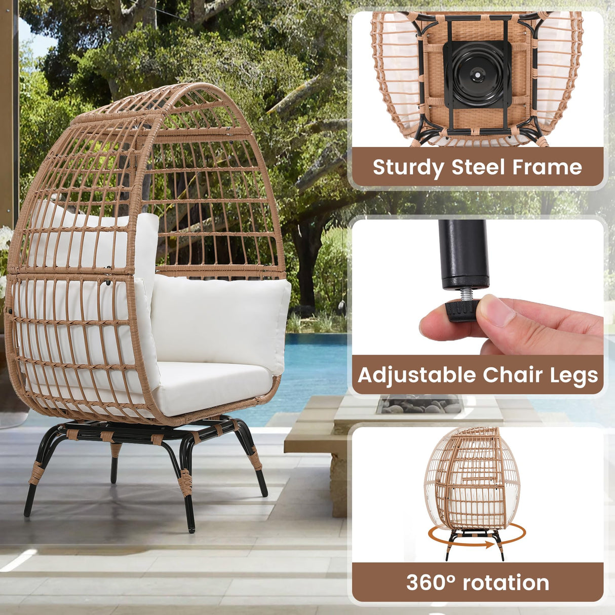 Murago Oversized 360 Swivel Rattan Egg Chair for Adult, Indoor Outdoor Patio Large Wicker Egg Chair with overstuffed Cushions, 440lb Weight Capacity, Natural Rattan with Beige Cushion Murago