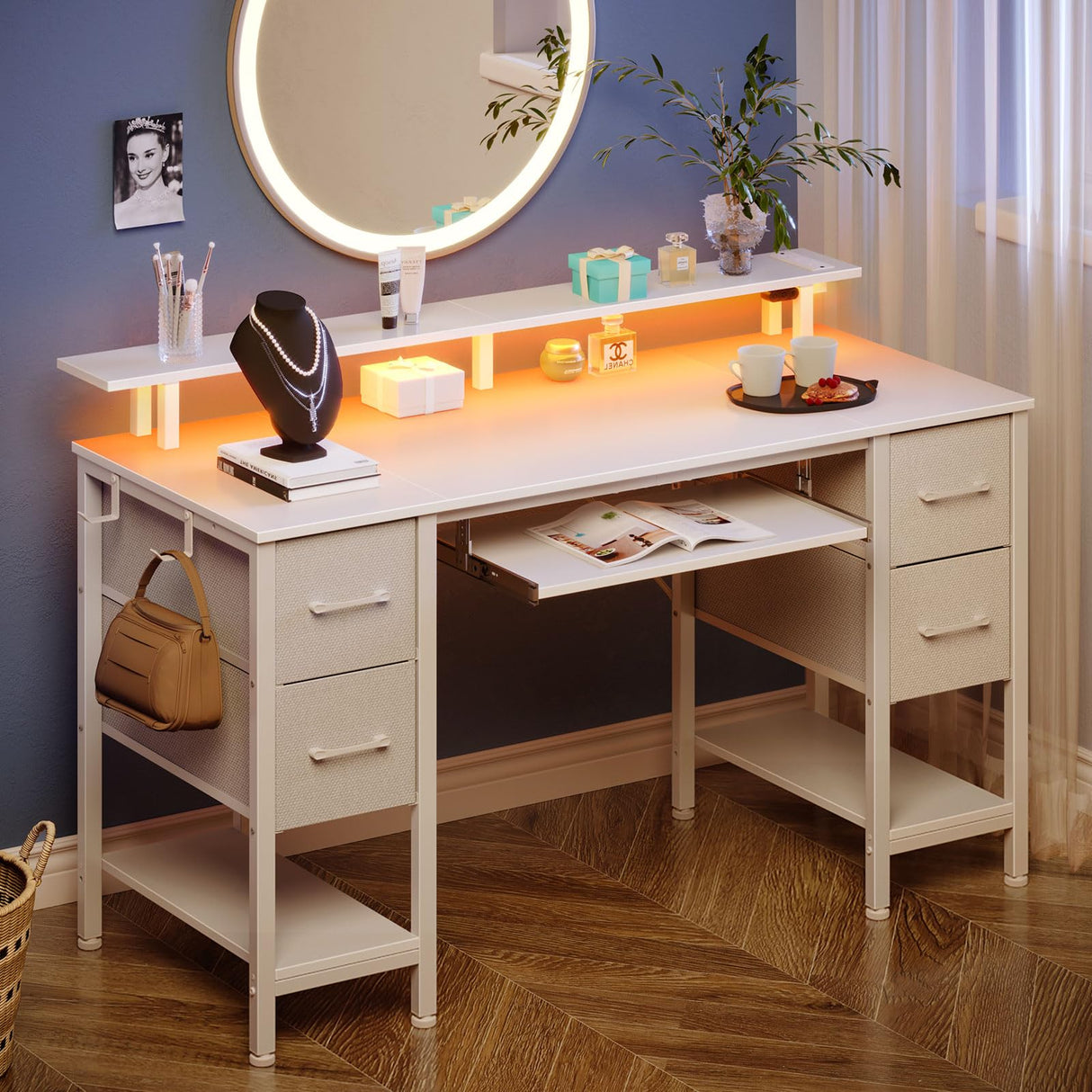 Seventable Computer Desk 47.2" with LED Lights & Power Outlets, Home Office Desk with 4 Drawers, Writing Desk with Keyboard Tray, Study Desk with Monitor Stand, Work Desk for Home Office, White Seventable